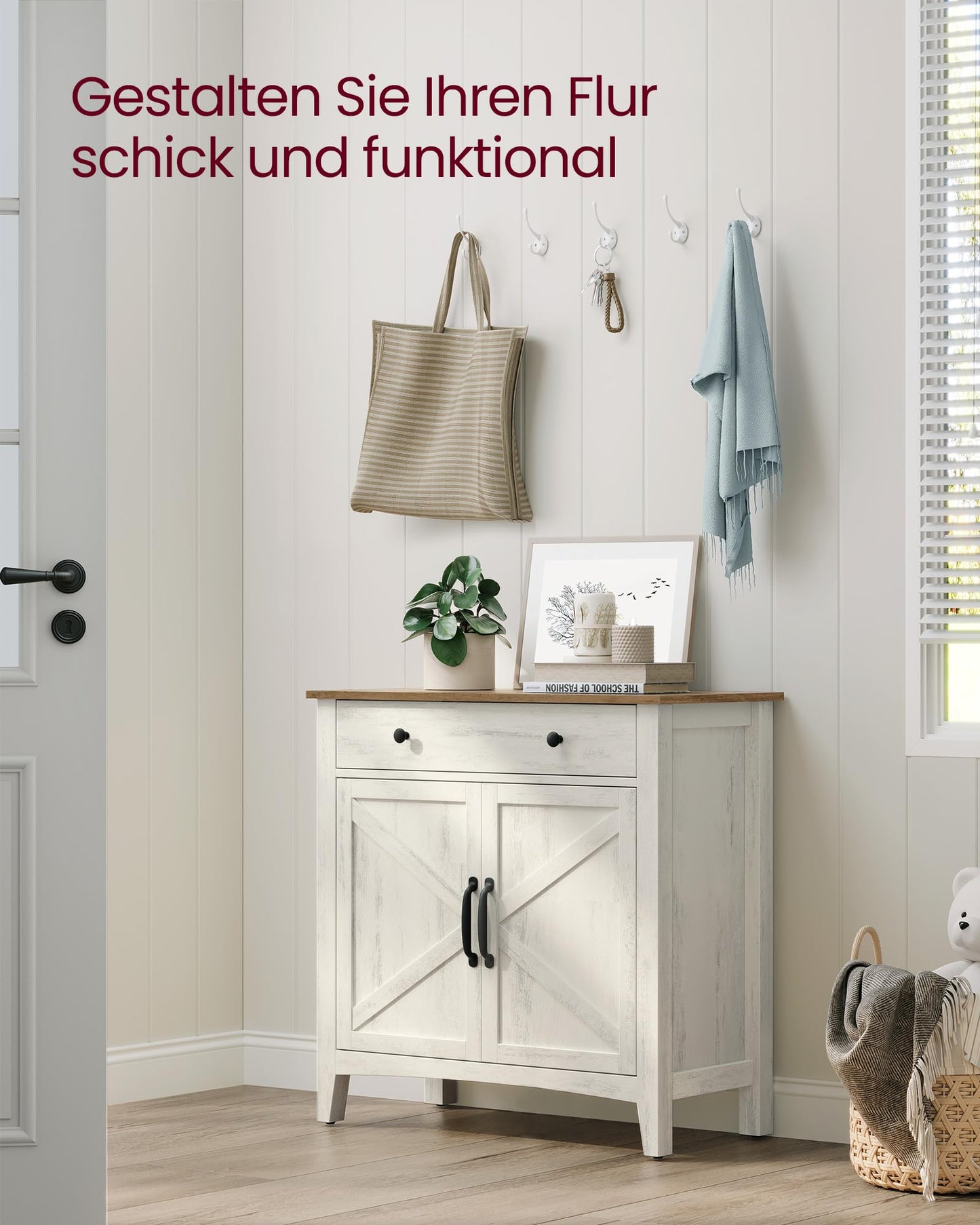 VASAGLE Kitchen Cabinet, Sideboard with Drawers, Storage Cabinet with Doors, Adjustable Shelf, Country House Style, for Living Room, Kitchen, 40 x 80 x 80 cm, Cloud White/Honey Brown BBK341W02