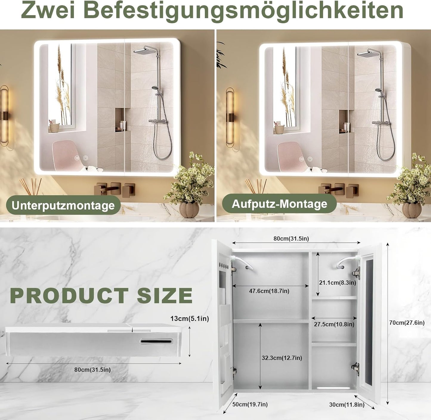 Aovquof Mirror Cabinet with Lighting - 90 x 60 cm Bathroom Mirror Cabinet with Storage Space, Bathroom Mirror Cabinet with Adjustable Dimmable LED Lights with Demist Function, Modern Cream Colour