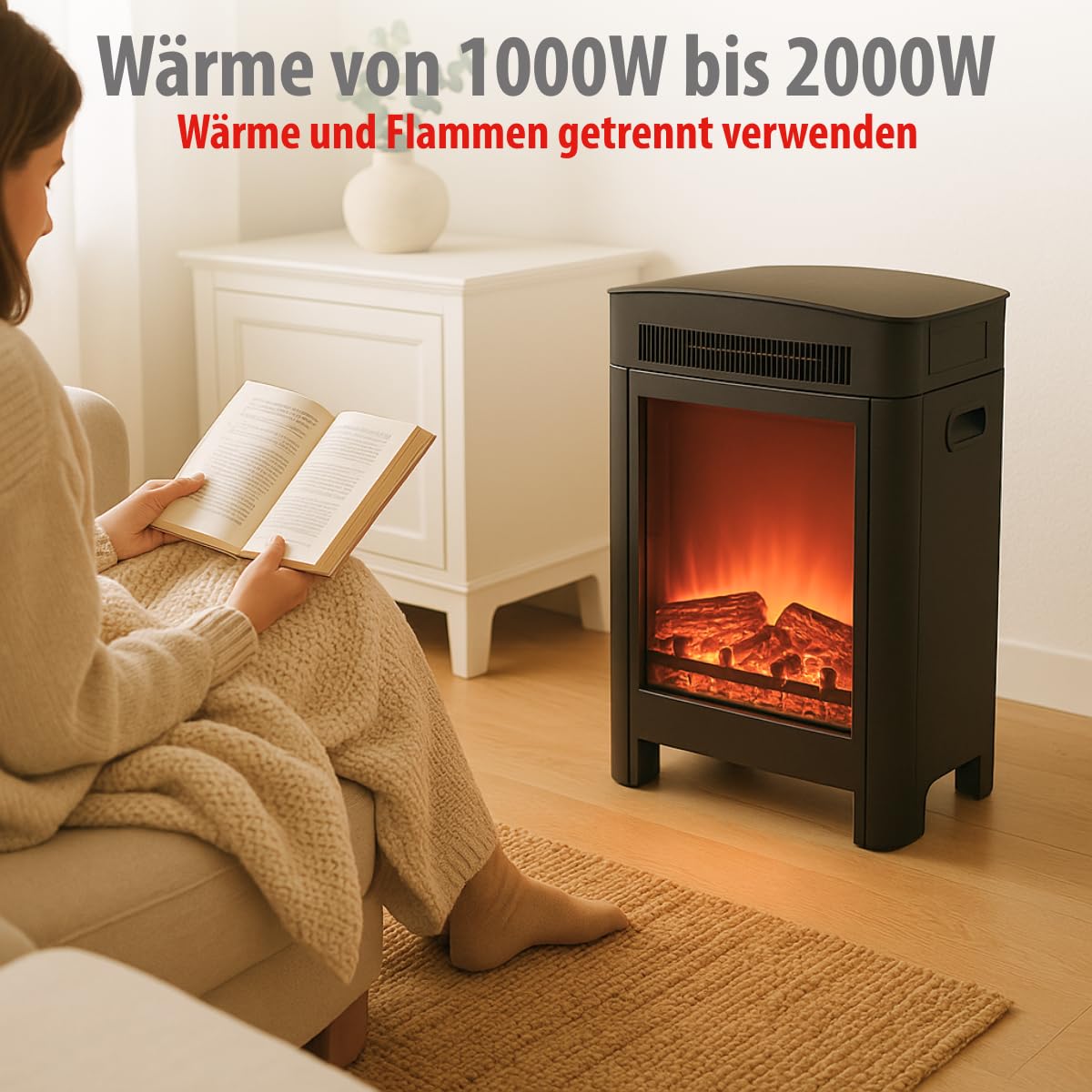 alpina Lucerne Electric Fireplace - Electric Fireplace with Heating 1800-2000W - Electric Fireplace with Thermostat Heating - LED Fireplace with Realistic Flame Effect - Compact Fireplace Freestanding