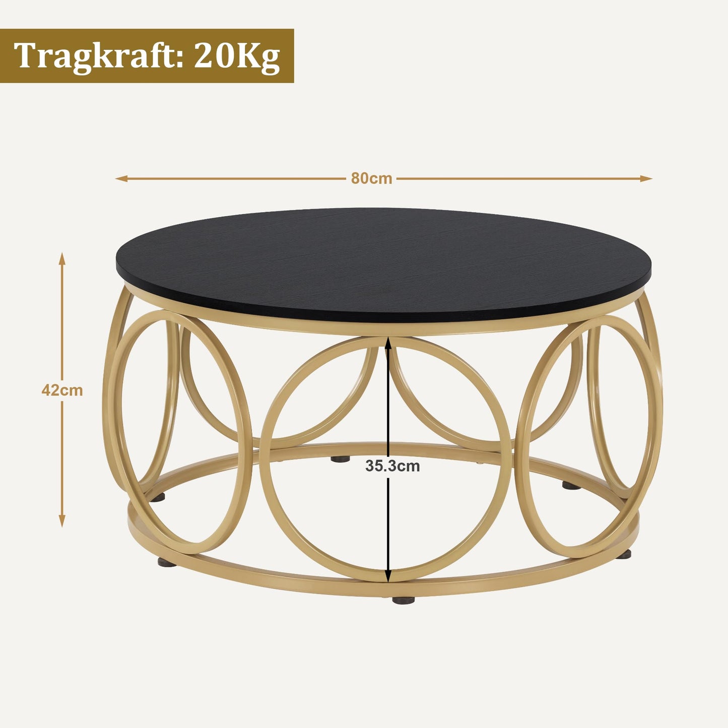 M MCombo Round Wooden Coffee Table, Modern Sofa Table, Small Coffee Table, Metal Frame, Side Table for Living Room, Diameter 80 cm, 2102