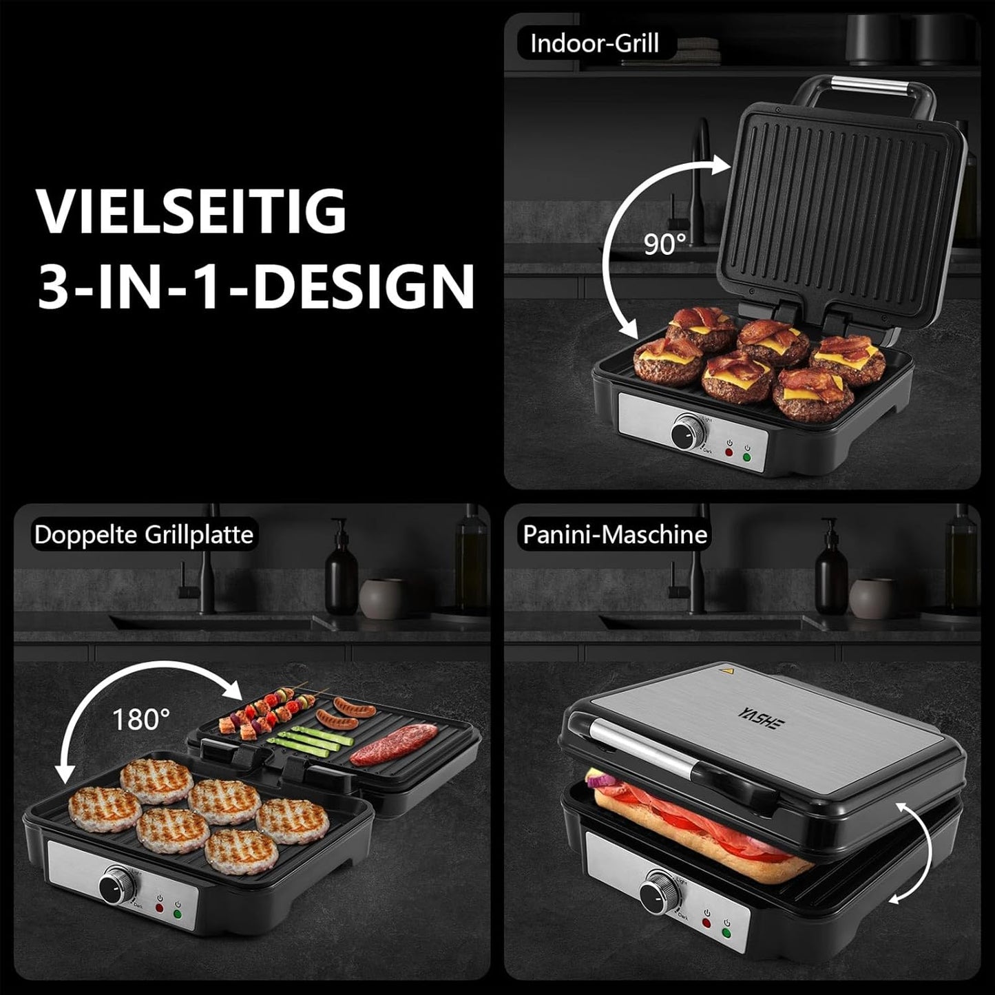 YASHE Contact Grill, 4 Slices Panini Grill Non-Stick Coated Plates, 1800 W Toaster Sandwich Toaster with Temperature Control, Indicator Light, Opens 180 Degrees, Removable Drip Tray, Black