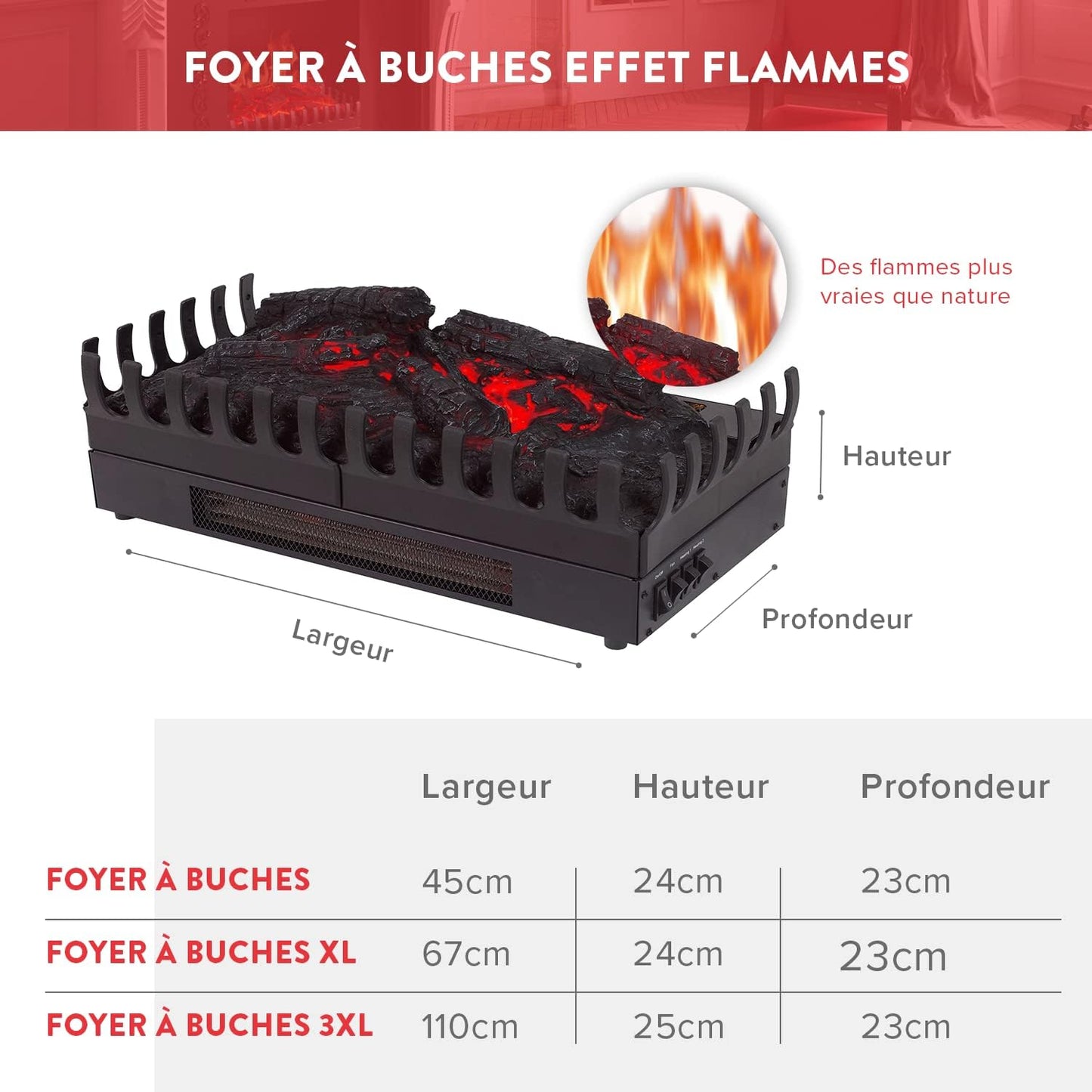 CHEMIN'ARTE Electric Fireplace with Heating, Electric Solo Stand, 67 x 23 x 24 cm, Fireplace with Realistic Flame Effect for Living Room and All Interior Areas, LED Lamps, Freestanding Electric