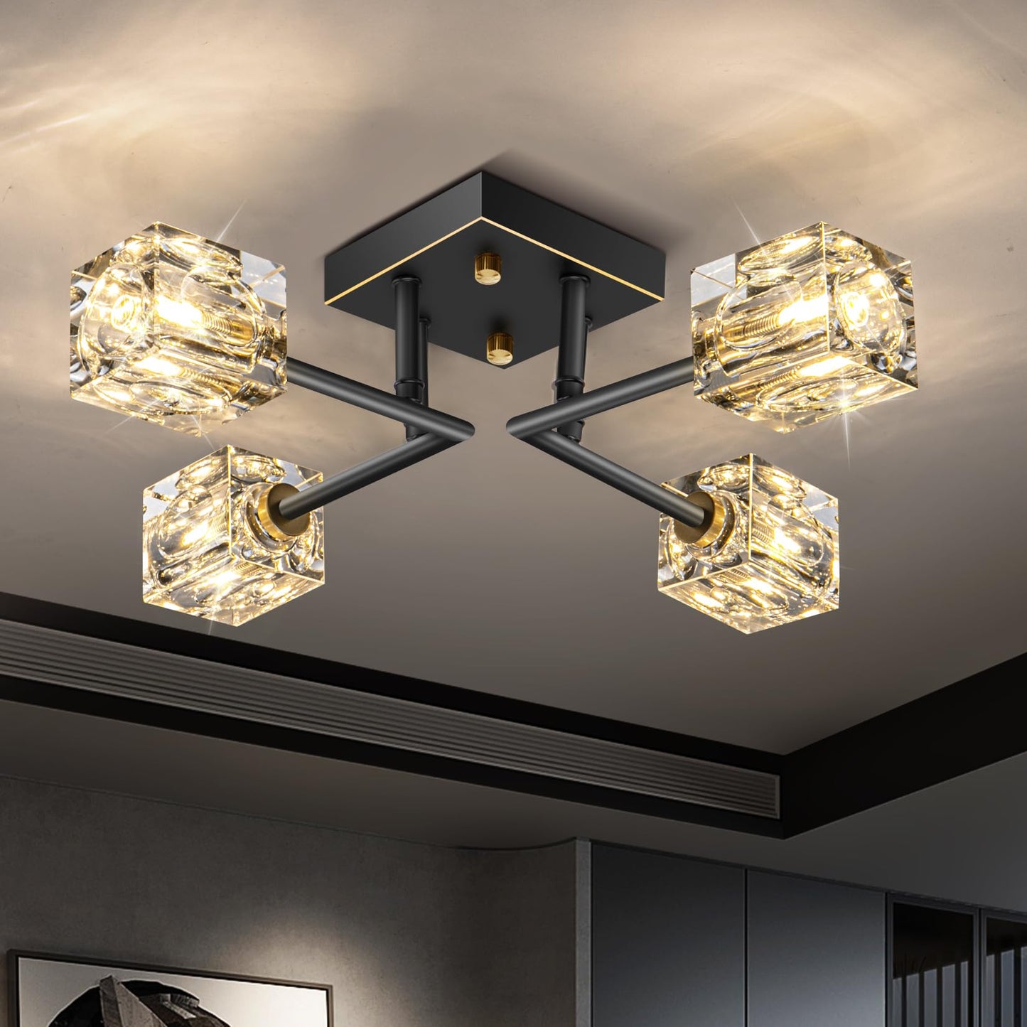 JUJUQI Moderne Kristall-Kronleuchter,Gold Hängeleuchte, K9 quadratischer Kristall Häengelampe mit 8 Lichtern,Würfel-Schirm, hängende Deckenleuchte für Esszimmer, Schlafzimmer, Wohnzimmer