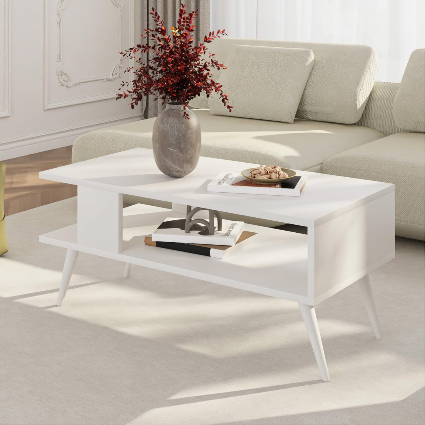 [en.casa] Lycksele Coffee Table Living Room Table with Storage Space Rectangular Black Marble Look White with Lower Shelf Sofa Table