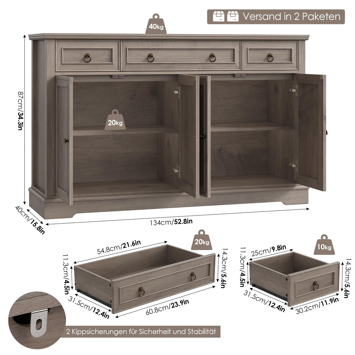 FirFurd Sideboard Kitchen Cabinet with Worktop Buffet Cabinet Sideboard for Kitchen Living Room Cabinet with 3 Drawers and 4 Doors Kitchen Buffet with Adjustable Shelf 134 x 87 x 40 cm White