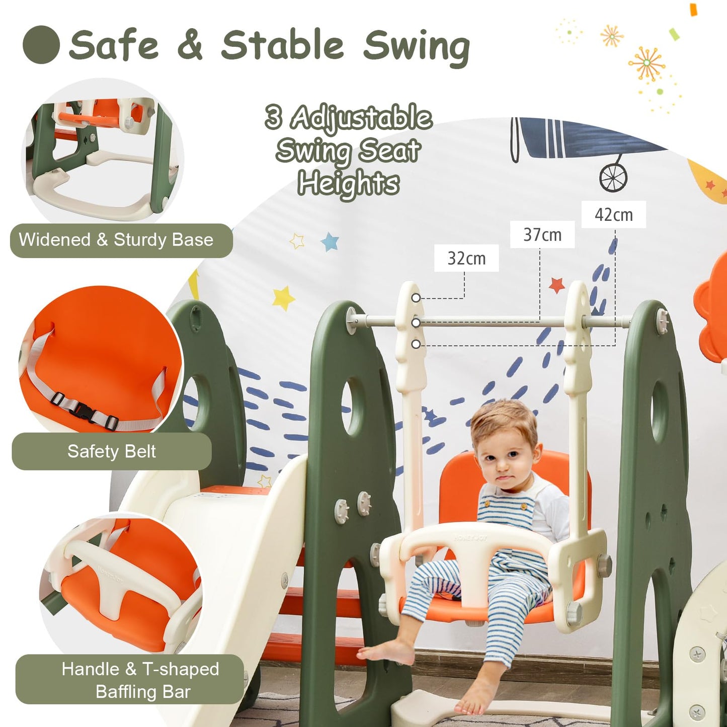 HOMASIS 6-in-1 Kinderrutsche mit Schaukel, Freistehende Rutsche & Schaukel & Basketballkorb & Kletterleiter & Fußballtor & Golfloch, Kinder Spielplatz für ab 3 Jahre Indoor & Outdoor (Orange+Grün)