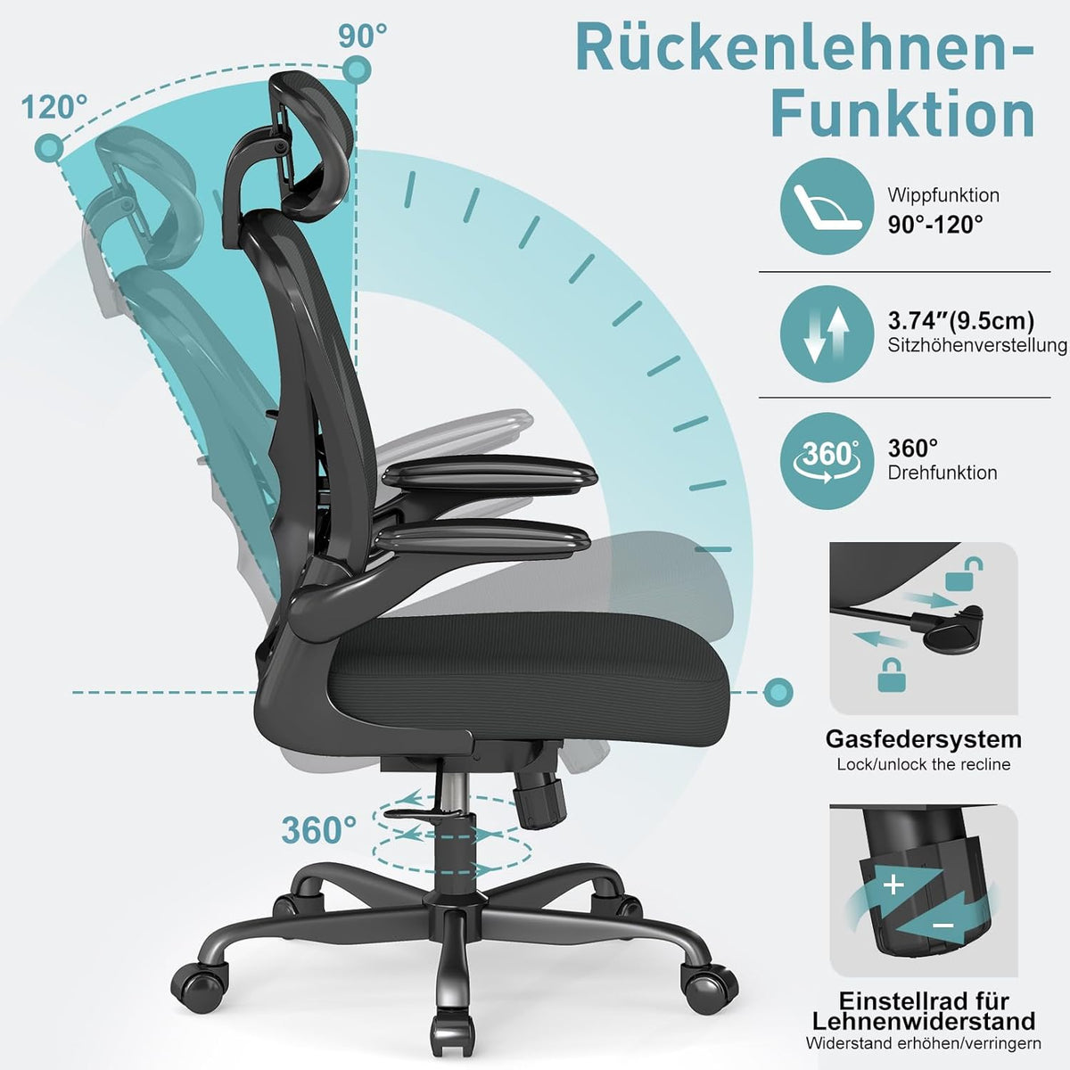 ZZH Ergonomic Desk Chair, Mesh Office Chair with Adjustable Lumbar Support & Folding Armrests, Breathable Computer Chair for Home Office with 360° Rotation & Height Adjustment, Black