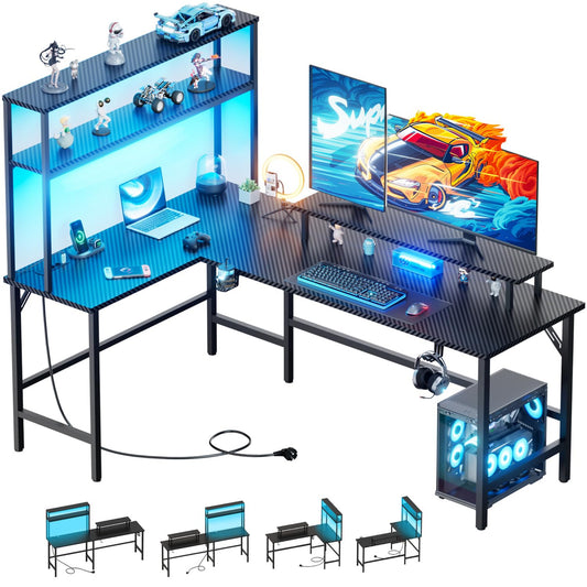Gaming Table with LED, 150 x 100 cm Corner Desk with 3 Sockets and 2 USB, Reversible Gaming Desk L Shape, Computer Desk with Monitor Stand and Countertop Shelf, Carbon Fibre Black