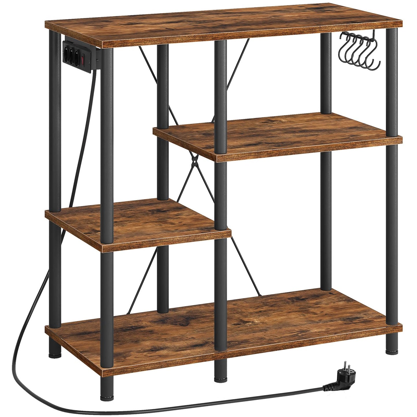 HOOBRO EBF07CHB01 Kitchen Shelf, Standing Shelf with Sockets, Baker's Rack with 5 S-Hooks, Microwave Shelf, 38 x 80 x 86 cm, Vintage Brown and Black