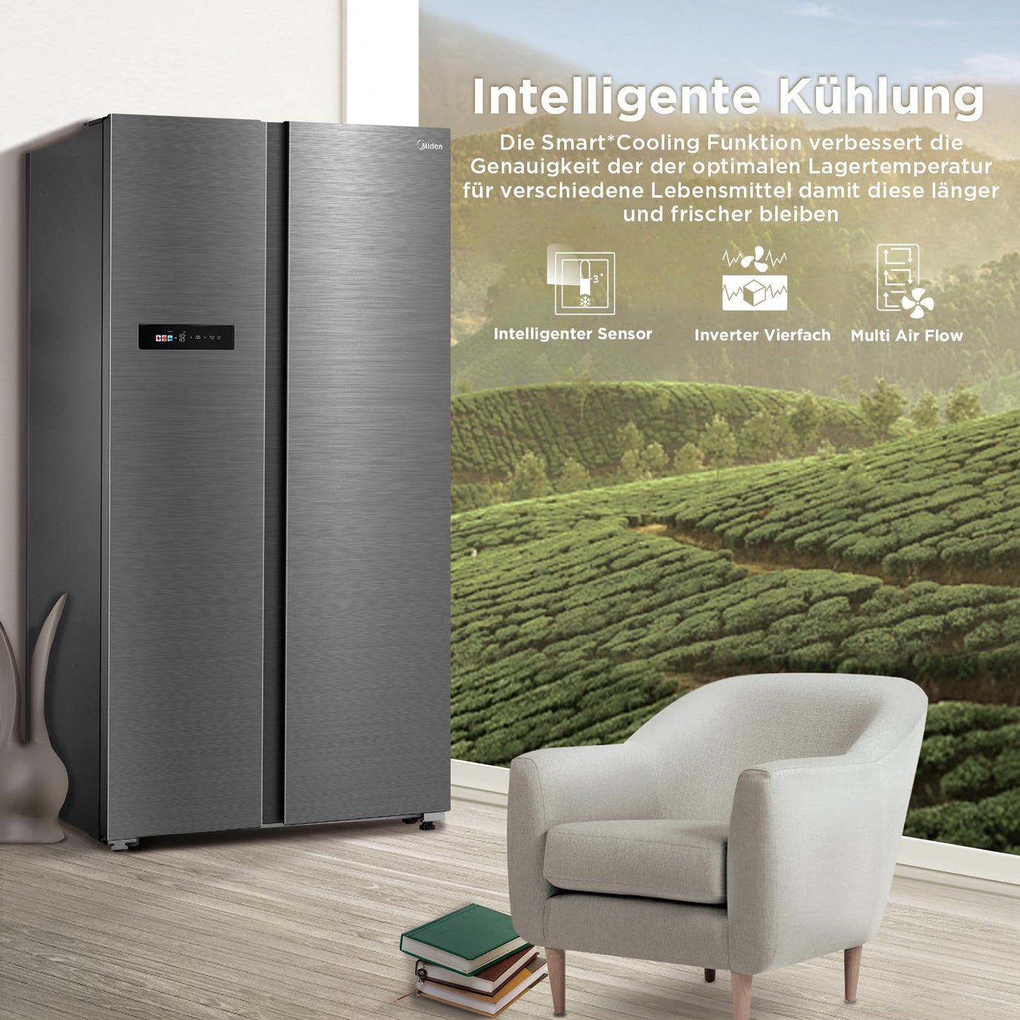 Midea KS-DDX 6.32 WT Side-by-Side Kühl-/Gefrierkombination/ 178,8 cm Höhe/ 254 kWh/Jahr/No Frost/Dual Inverter Compressor/mit 3in1 Wasser-/Eisspender und Wassertank, Dark Inox