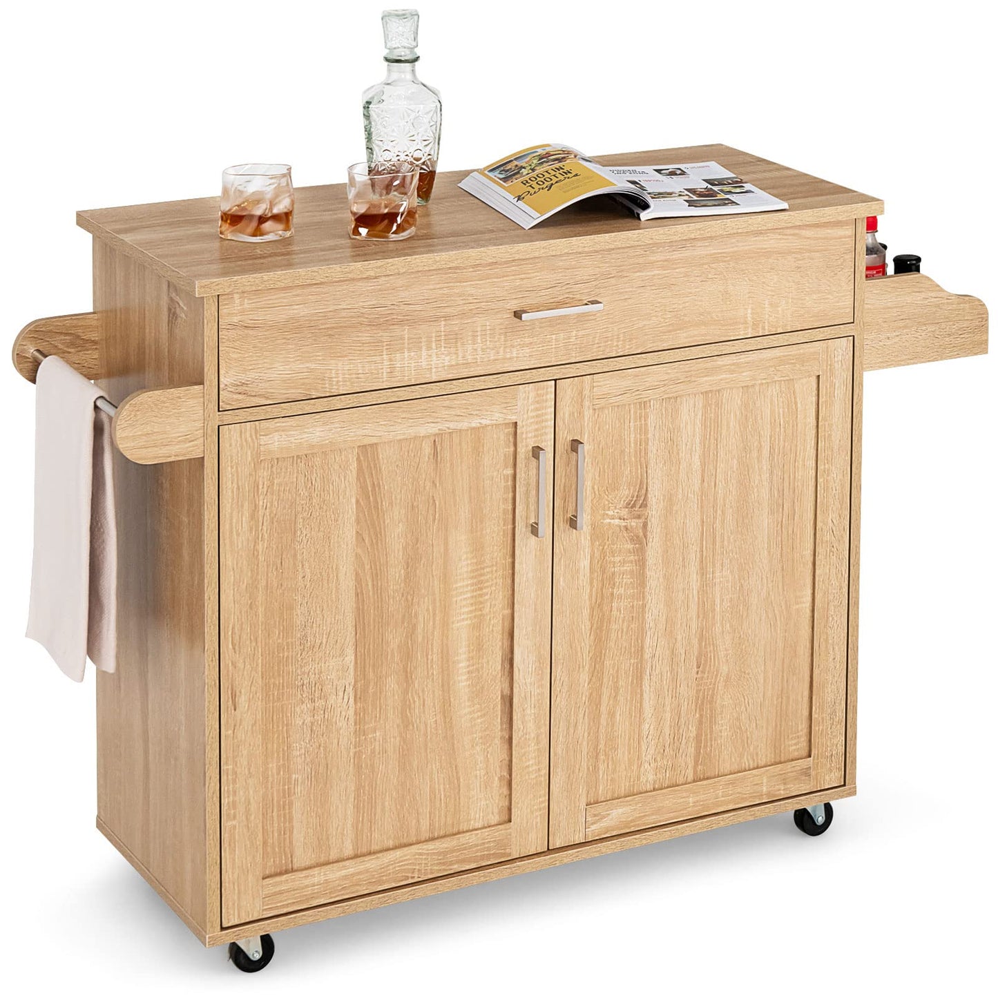 COSTWAY Kitchen trolley with towel holder and spice board, kitchen island with drawer and height-adjustable shelf, kitchen cabinet rollable, wooden serving trolley, kitchen island trolley (black)