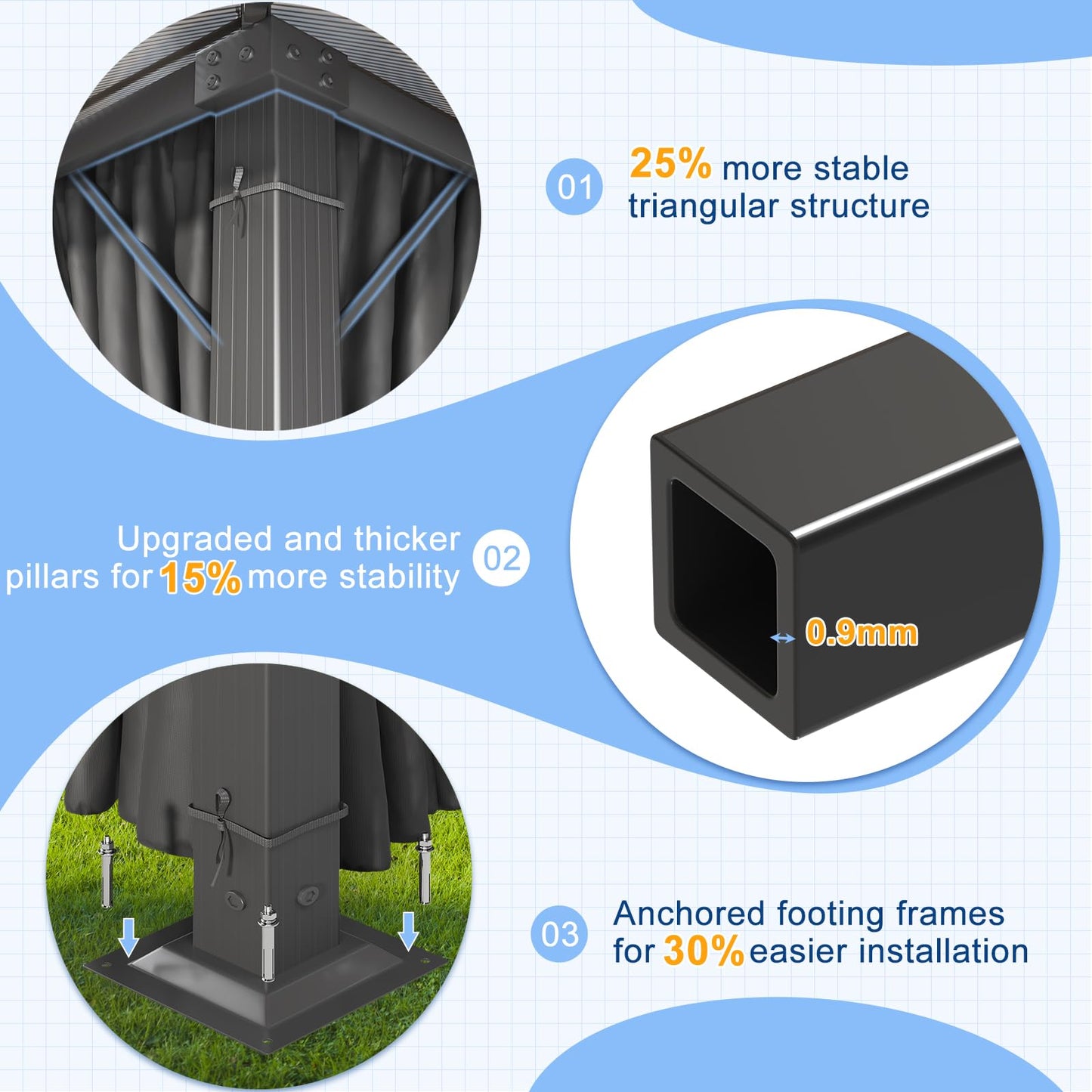 Gazebo 3 x 3 Waterproof Stable Winterproof Aluminium Garden Gazebo with Fixed Roof Protection UV Suitable for Outdoor Scenes Grey