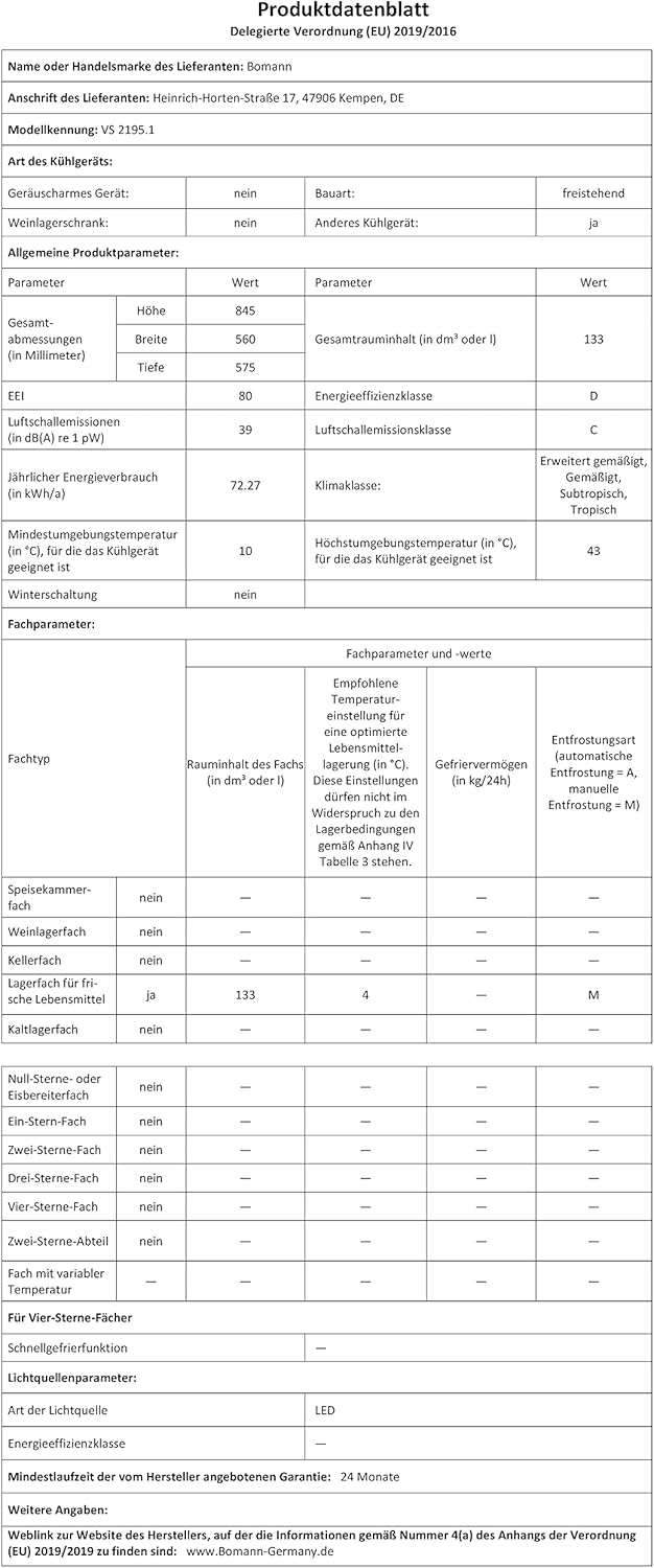 Bomann VS 2195 Freestanding 134L A+++ Stainless steel fridge VS 2195, 134 L, N-T, 40 dB, A+++, Stainless steel