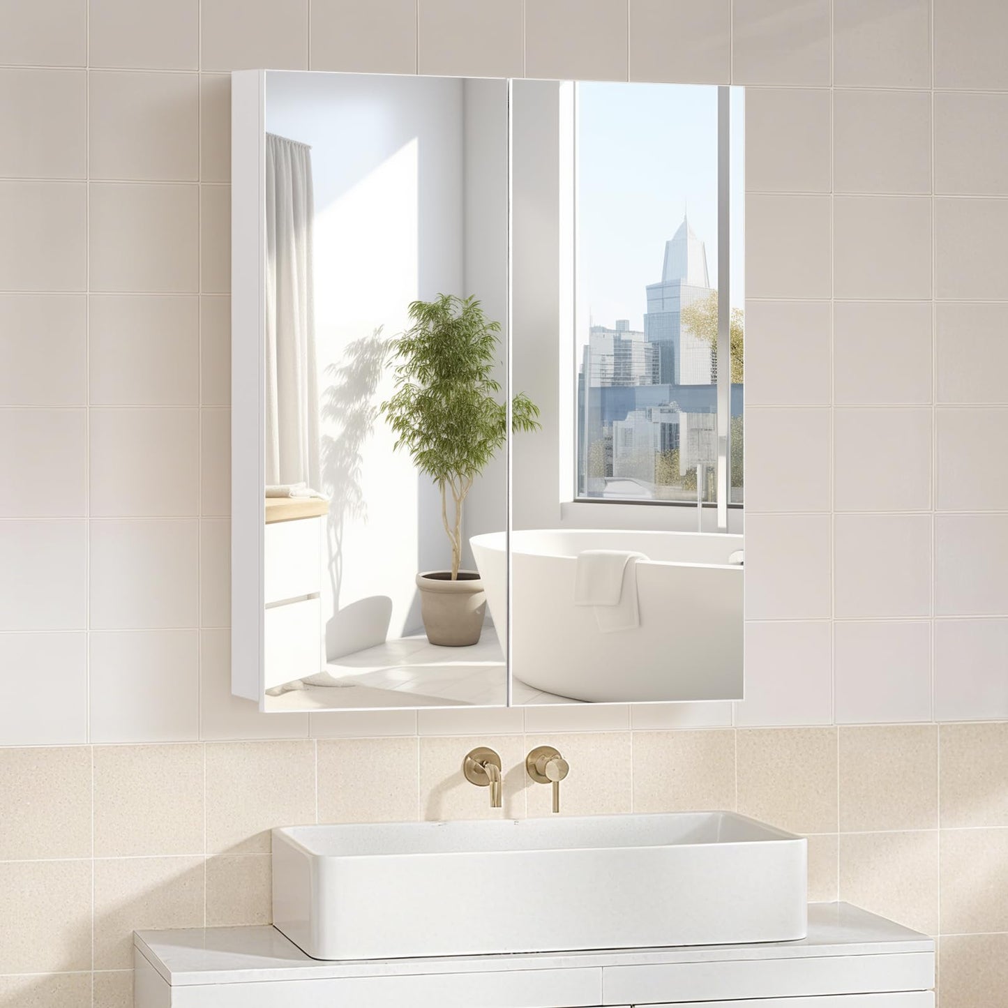 TUKAILAI Mirror Cabinet Bathroom Cabinet with 2 Toy Doors and Additional Shelf Storage Cabinet with Adjustable Shelves Wall Cabinet Medicine Cabinet Wall Cabinet for Bathroom White