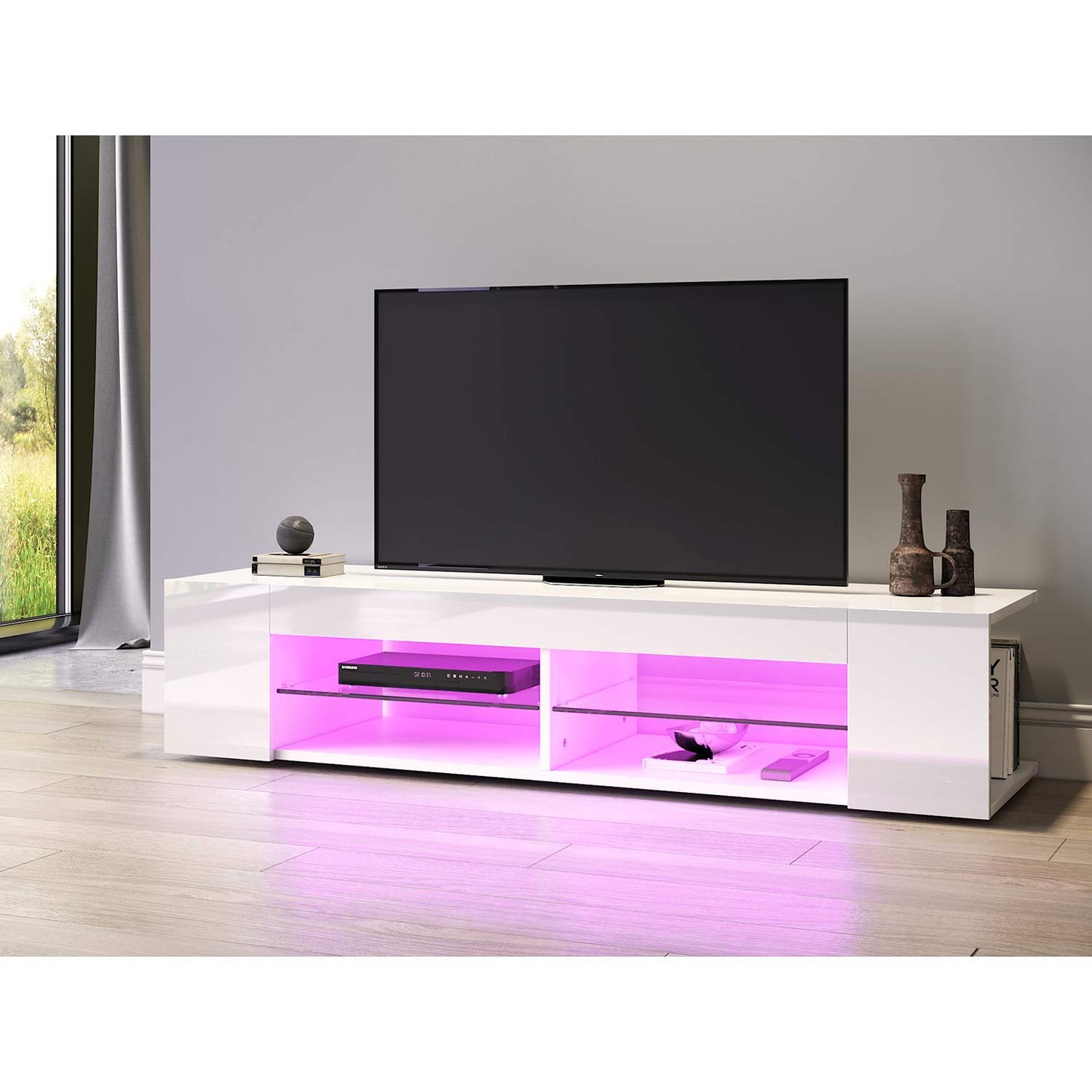 SONNI TV Board White, Handle-less Design, TV Cabinet High Gloss, TV Stand with LED Lighting, 12 Colours Can Be Adjusted, TV Shelf, Lowboard for TVs up to 65 Inches, 130 x 35 x 45 cm