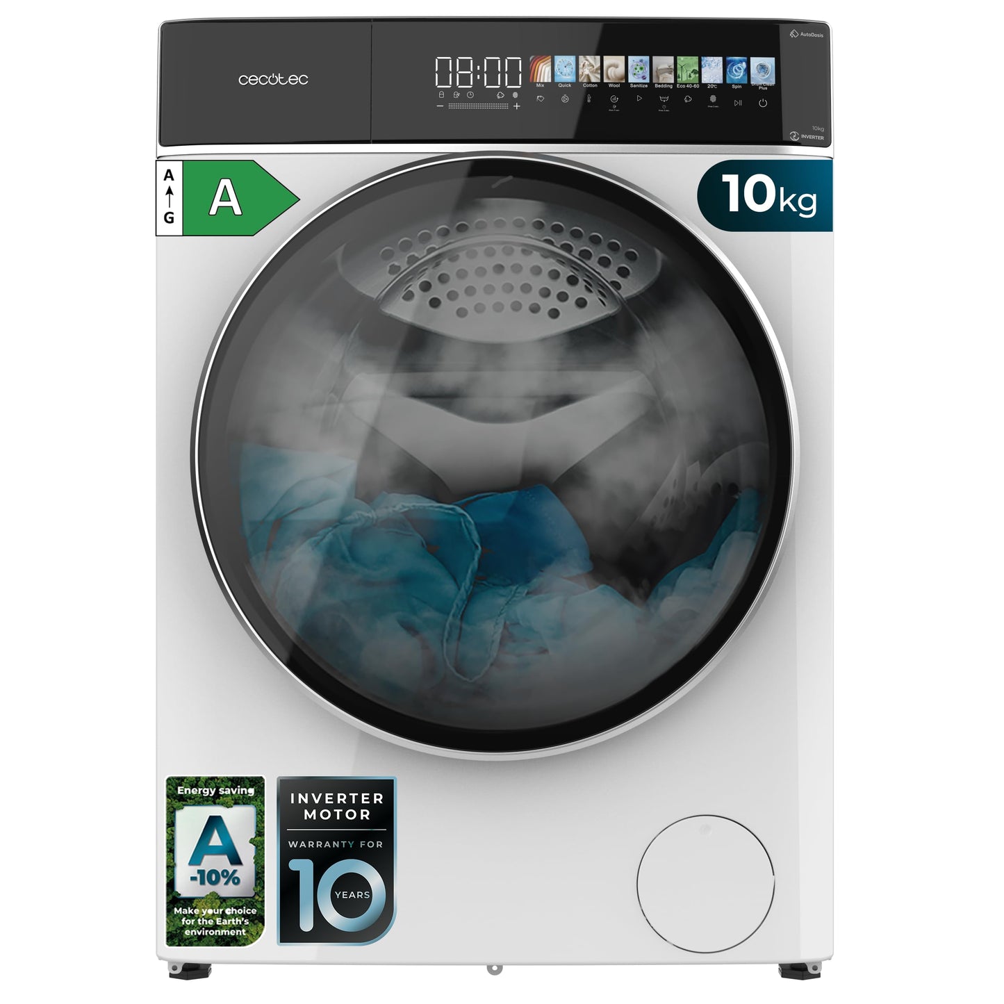 Cecotec Washing Machine 10 kg Front Loader Bolero Dress Code 10950 Car Socket Inverter 3D Steel A. 1400 rpm, Matrix Display 9.2 Inches, 16 Prog, Low Consumption, Inverter Plus Motor, Auto Dosage,