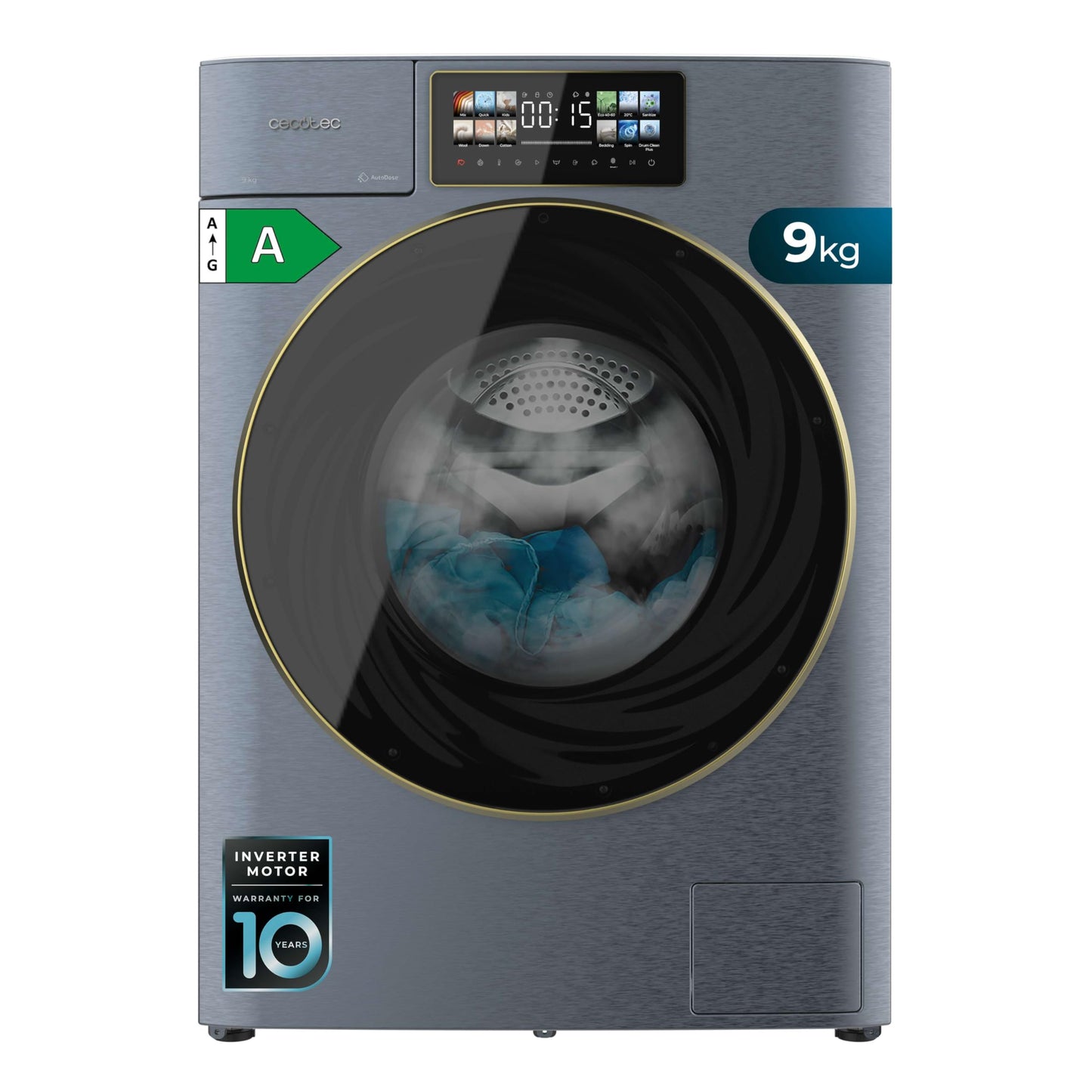 Cecotec Washing Machine 10 kg Front Loader Bolero Dress Code 10950 Car Socket Inverter 3D Steel A. 1400 rpm, Matrix Display 9.2 Inches, 16 Prog, Low Consumption, Inverter Plus Motor, Auto Dosage,