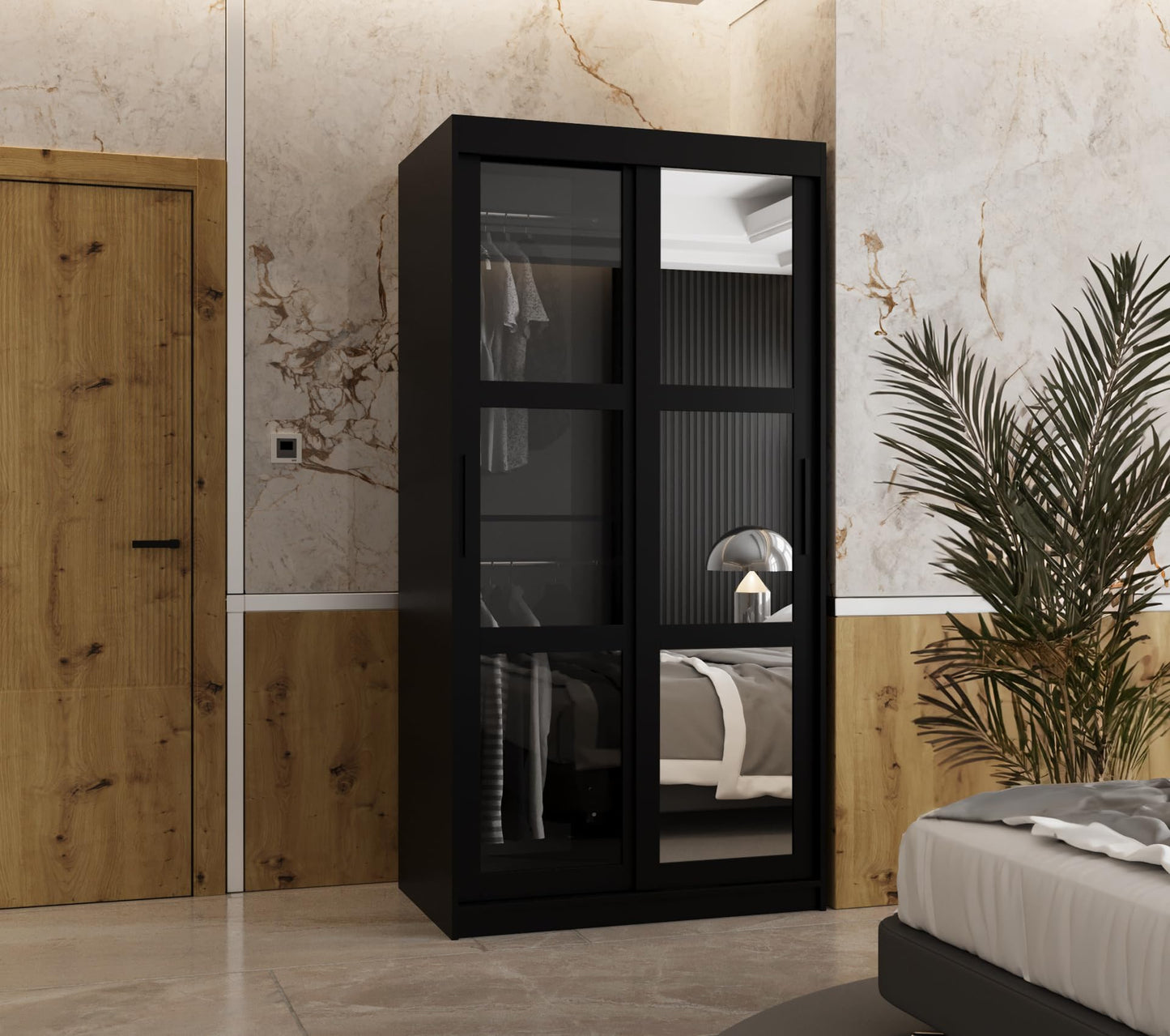 MEBLE KRYSPOL Dome 2 Schrank mit DREI Schiebetüren mit Spiegel, Stangen und Regalen - Aufbewahrungsschrank mit Rauchglas für Schlafzimmer, Wohnzimmer - 200x250x62cm - Schwarz, Schwarz, Schwarz