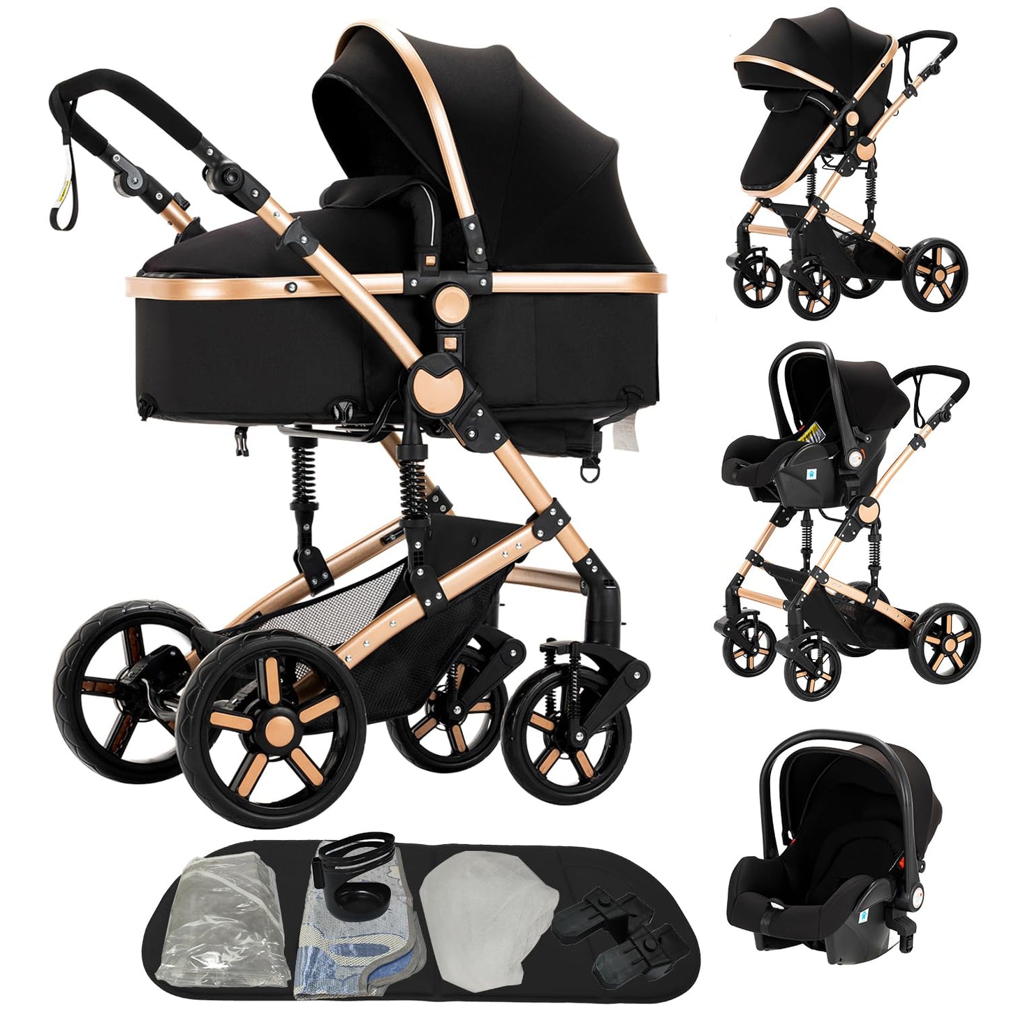 PU Leather Pushchair 3-in-1, Buggy with One-Click Folding Design, Pushchair with Two Reversible Sliding Modes, Combination Pushchair 3-in-1 Complete Set Frame Aluminium Alloy (518 Black)