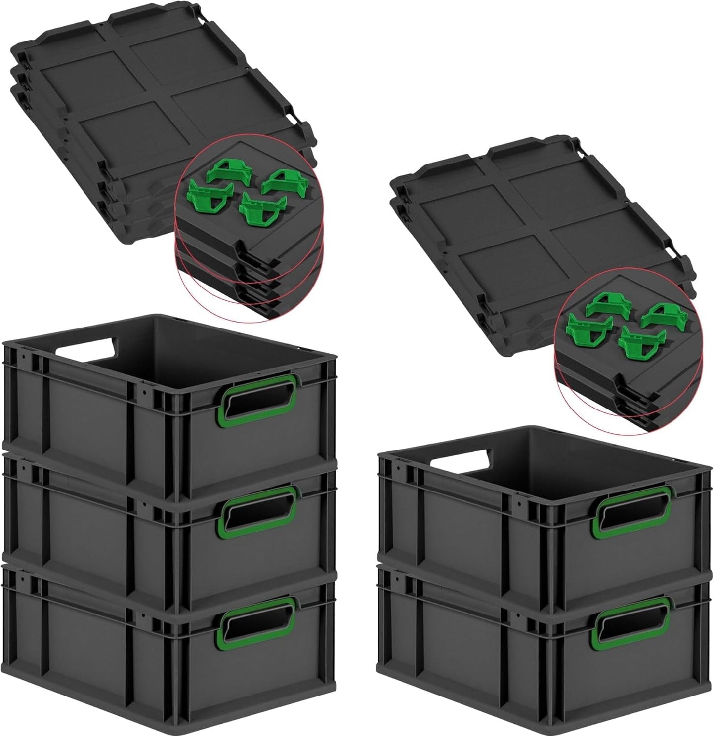 PROREGAL Economy Set of 5 Eurobox NextGen Colour with Lid and Sliding Snap Fasteners, H x W x D 22 x 30 x 40 cm, 20 L, Black, Closed Handles, Euro Container, Transport Box, Transport Container