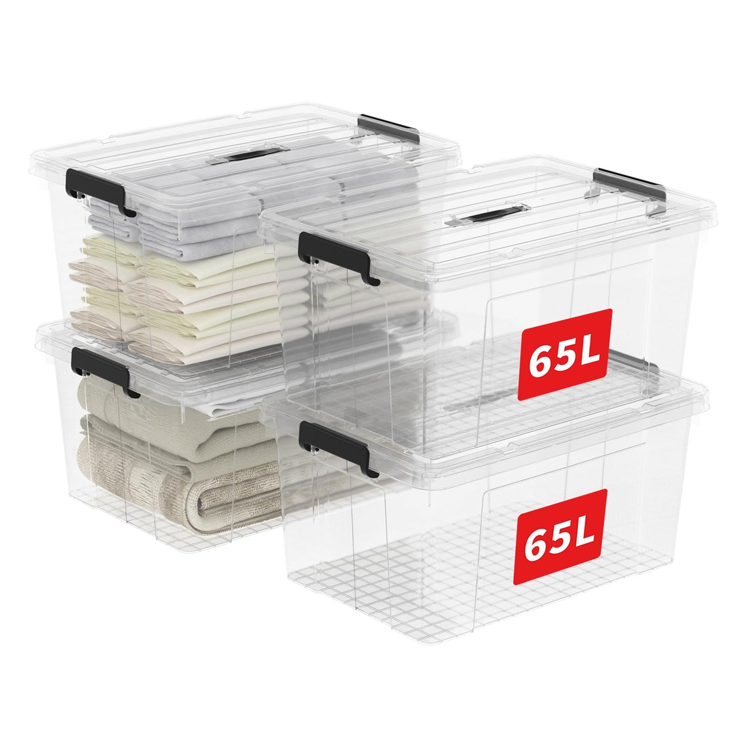 Cetomo 45 L x 3 Storage Boxes, Portable Plastic Boxes with Lids, Organiser Container with Handle and Clips, Stackable, Nestable, for Home and Office, Transparent, 45 L, Pack of 3