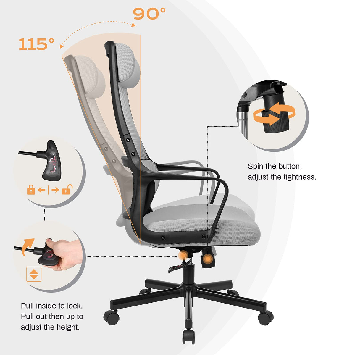 Ergonomic Office Chair with Height Adjustable Headrest, High Back, Lumbar Support, Silent Casters, Heavy Duty Chair for Conference Workspace Area, EN1335 Standard (Grey)