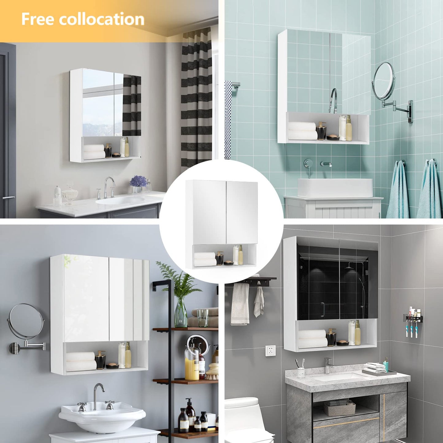 TUKAILAI Mirror Cabinet Bathroom Cabinet with 2 Toy Doors and Additional Shelf Storage Cabinet with Adjustable Shelves Wall Cabinet Medicine Cabinet Wall Cabinet for Bathroom White