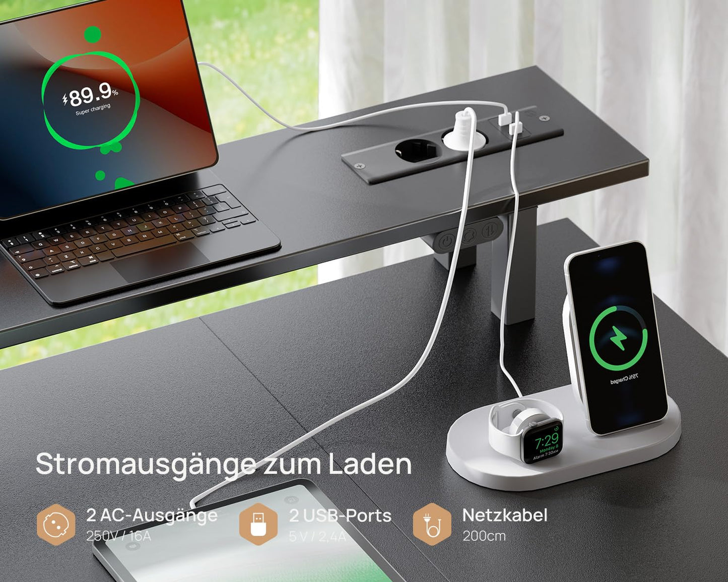 Rolanstar Desk with Drawers, 120 x 47 cm Gaming Table with Socket, LED & Monitor Stand, Computer Desk with Keyboard Tray, Gaming Desk for Home Office, Office, Living Room, White