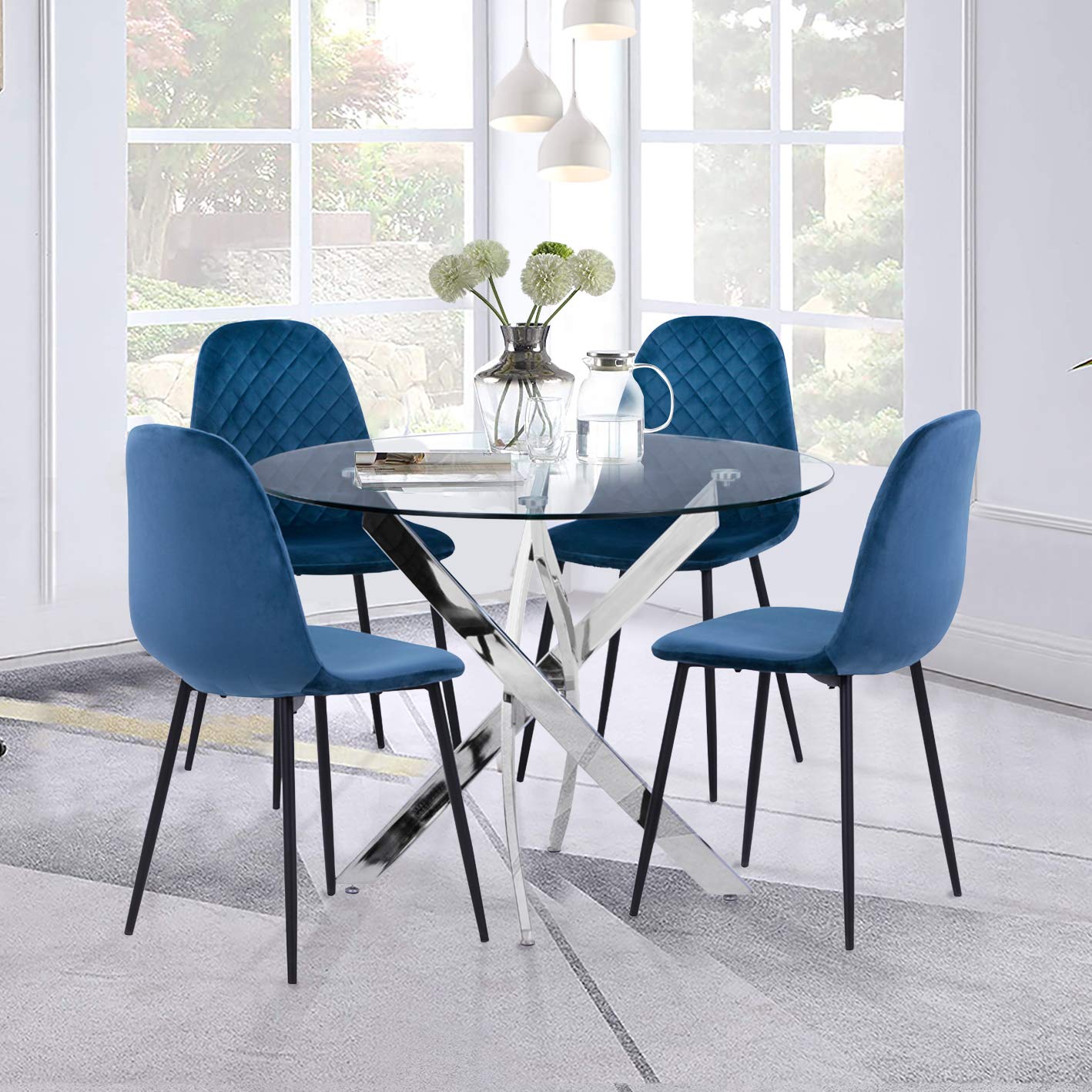 GOLDFAN Dining Table with 4 Chairs Dining Table Round Glass Kitchen Table Dining Room Chair Velvet 80 cm Green