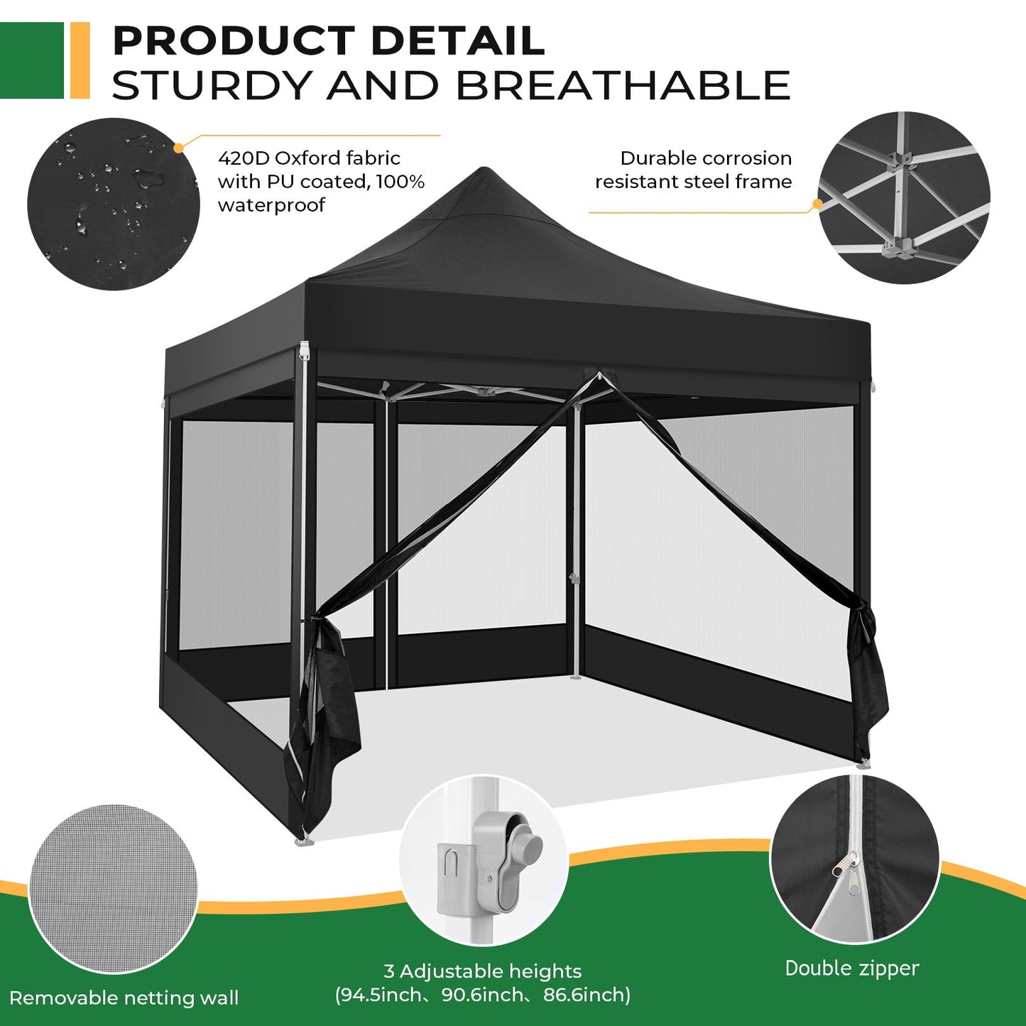 COBIZI Folding Gazebo 3 x 3 m Gazebo 3 x 3 m Waterproof Stable Party Tent Foldable with 4 Side Walls Mosquito Net Pop Up Garden Gazebo Anti-UV for Garden, Grey