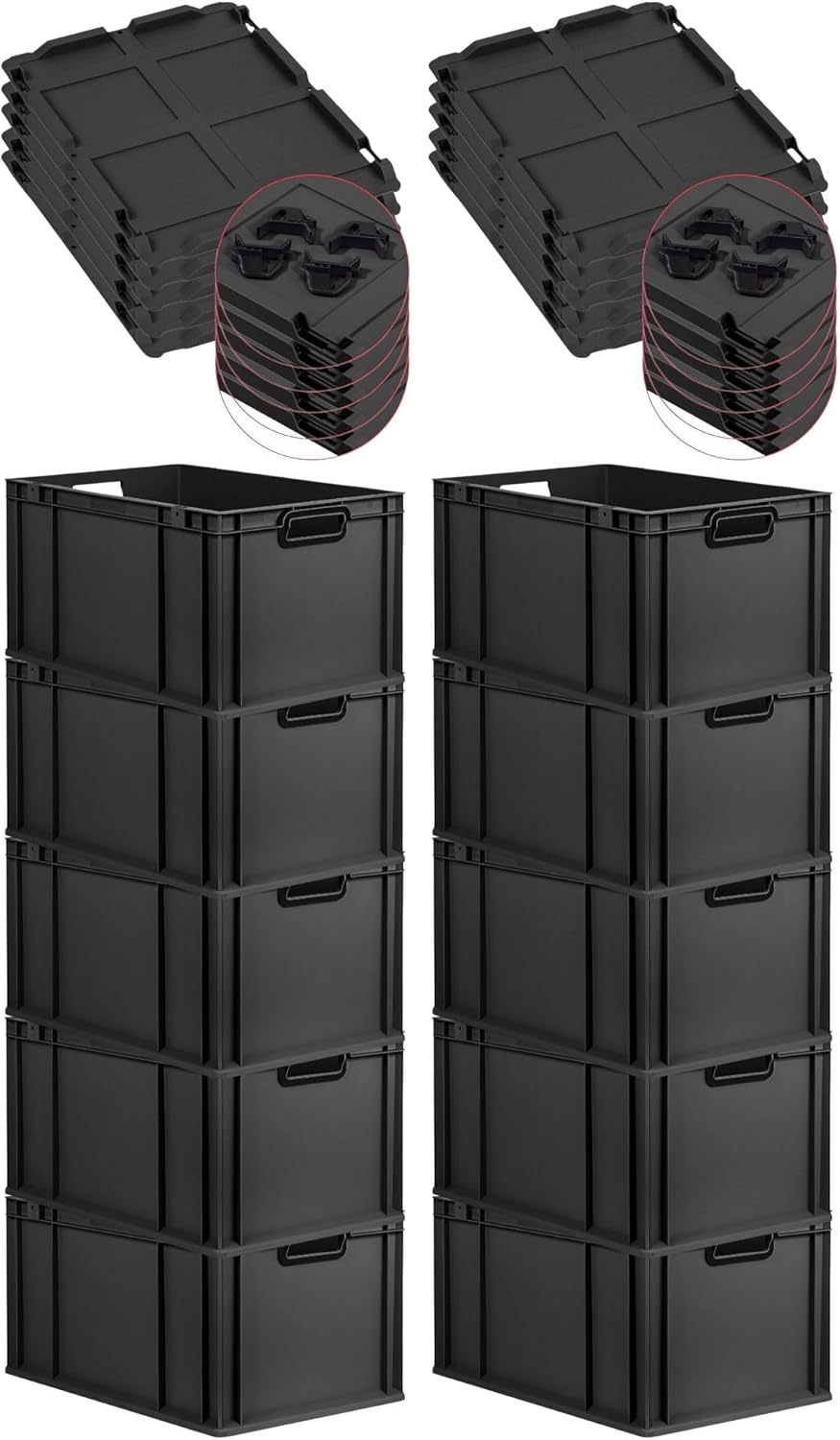 PROREGAL Economy Set of 5 Eurobox NextGen Colour with Lid and Sliding Snap Fasteners, H x W x D 22 x 30 x 40 cm, 20 L, Black, Closed Handles, Euro Container, Transport Box, Transport Container