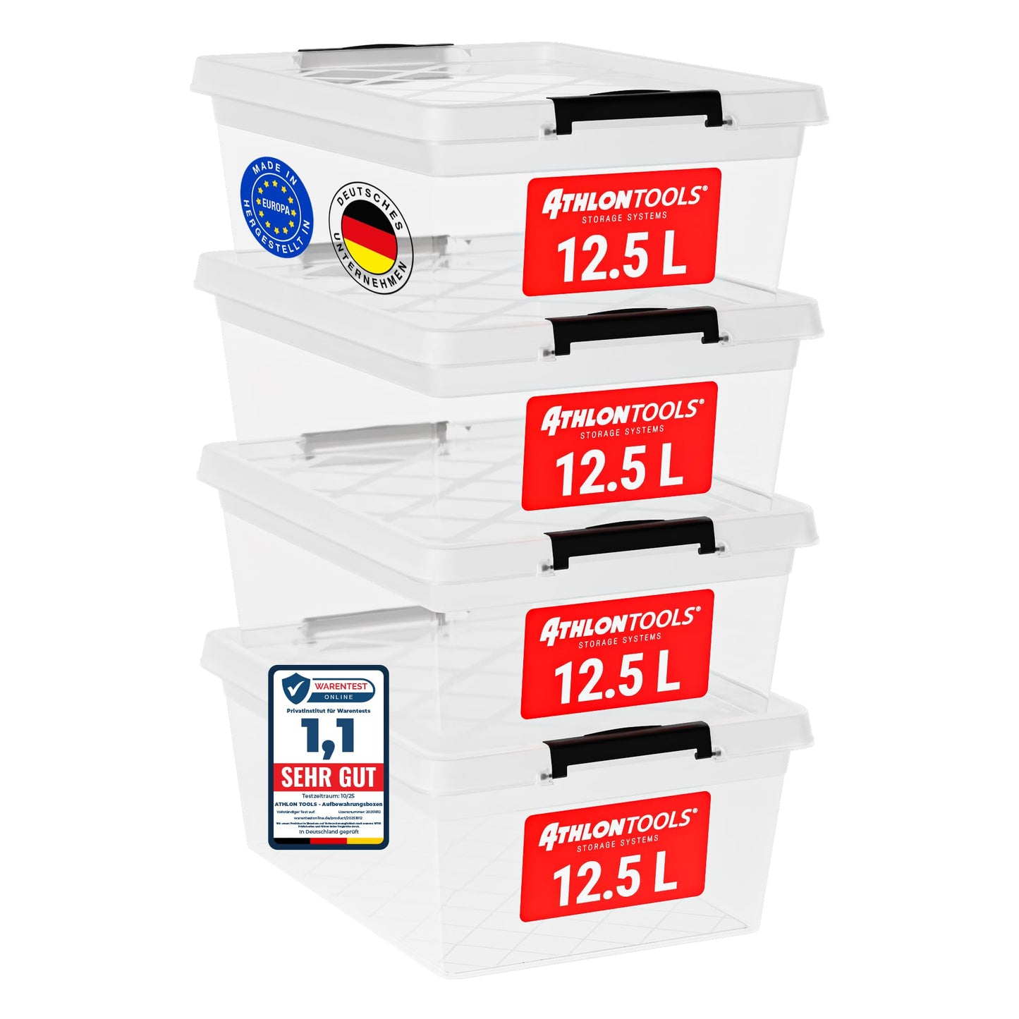 ATHLON TOOLS 4 x 60 L Storage Boxes with Lid, Food-Safe, Locking Clips, 100% New Material Plastic Box, Transparent, Clothes Boxes, Stackable
