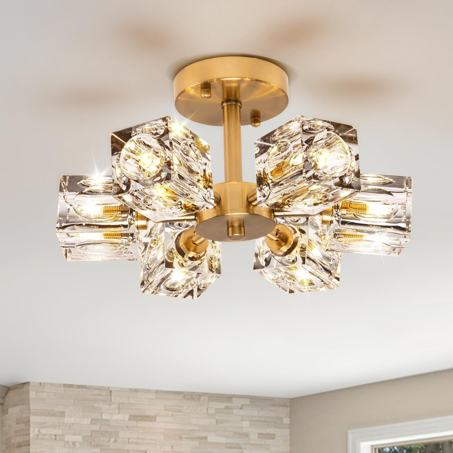 JUJUQI Moderne Kristall-Kronleuchter,Gold Hängeleuchte, K9 quadratischer Kristall Häengelampe mit 8 Lichtern,Würfel-Schirm, hängende Deckenleuchte für Esszimmer, Schlafzimmer, Wohnzimmer