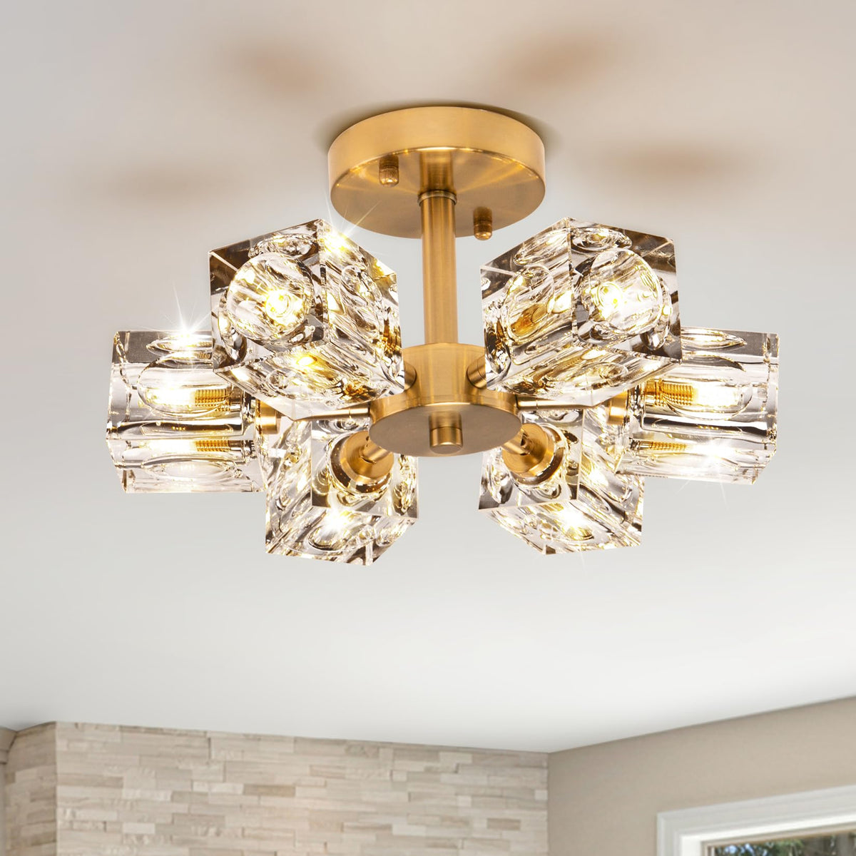 Modern Kistall Semi-Flush Ceiling Light Living Room, 8 Lights, Gold Crystal Chandelier, Semi-Flush Crystal Chandelier, Luxury Ceiling Light for Bedroom, Dining Room