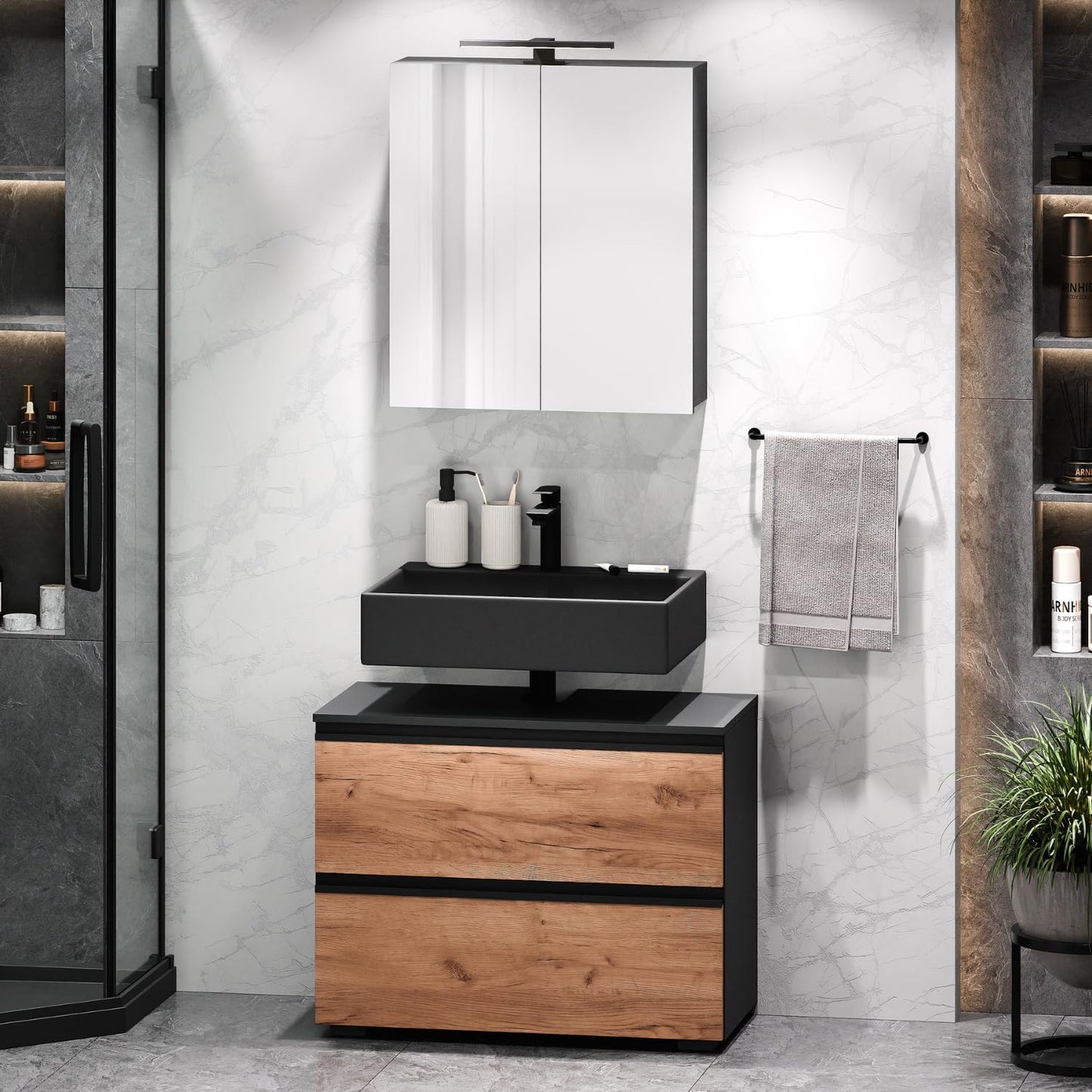 Planetmöbel EDA 80 cm Vanity Unit, Vanity Unit, Bathroom Cabinet for Guest Toilet and Bathroom, Anthracite/Gold Oak