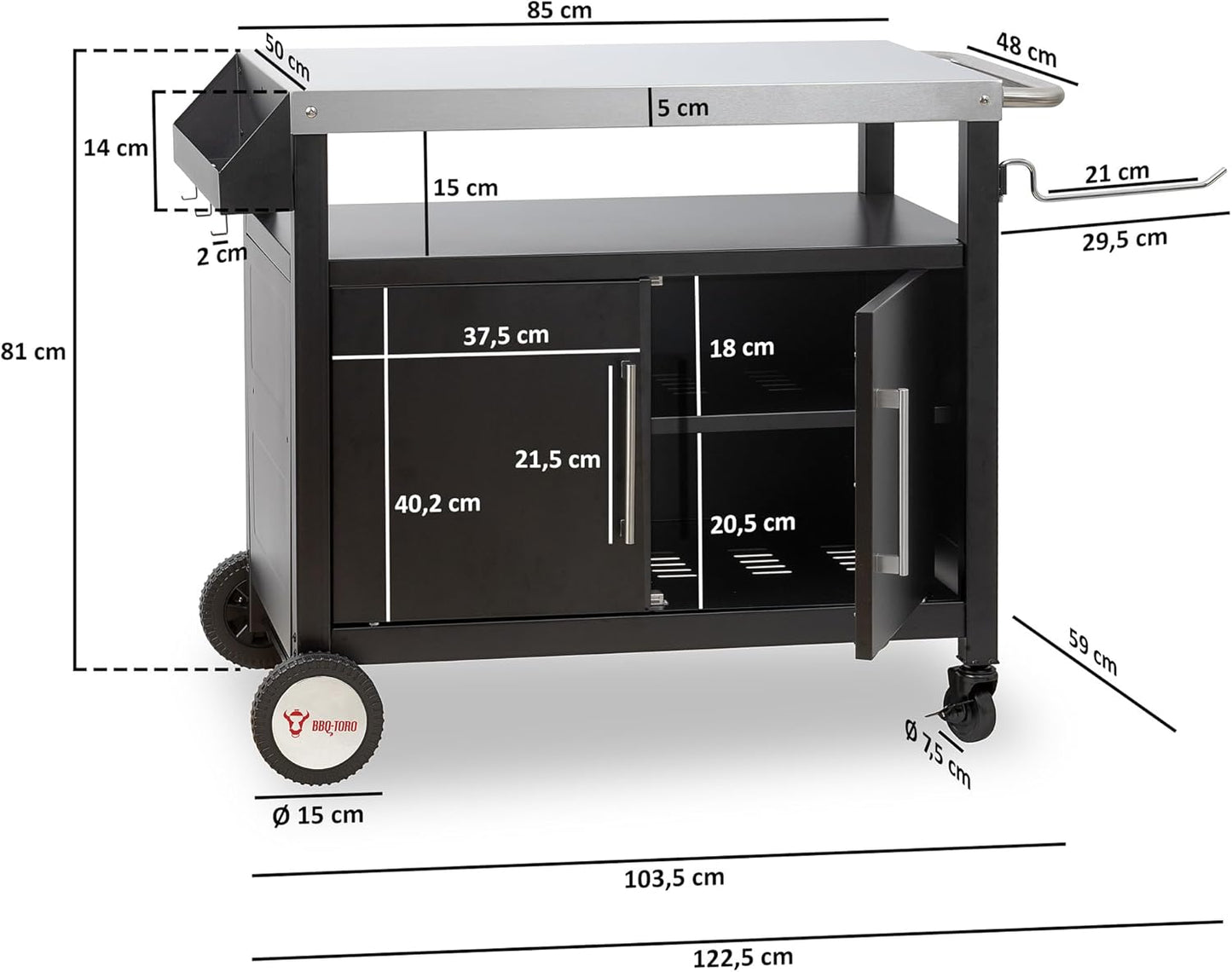 BBQ-Toro Barbecue Trolley 103.5 x 59 x 81 cm, Silver/Black, Grill Table with Large Work Surface, Grill Side Table, Outdoor Grill Trolley, Grill Table Outdoor, Serving Trolley, Outdoor Garden Trolley