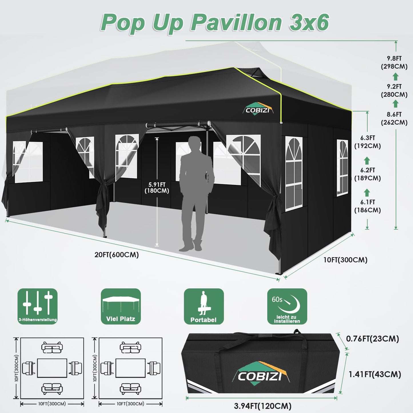 COBIZI Faltpavillon 3x6 Pavillon wasserdicht Winterfest, Ein-Tasten-Zentralverriegelung Partyzelt Faltbar Anti-UV mit 6 Seitenwänden, Gartenpavillon mit Leuchtstreifen für Hochzeiten, Freien, Garten
