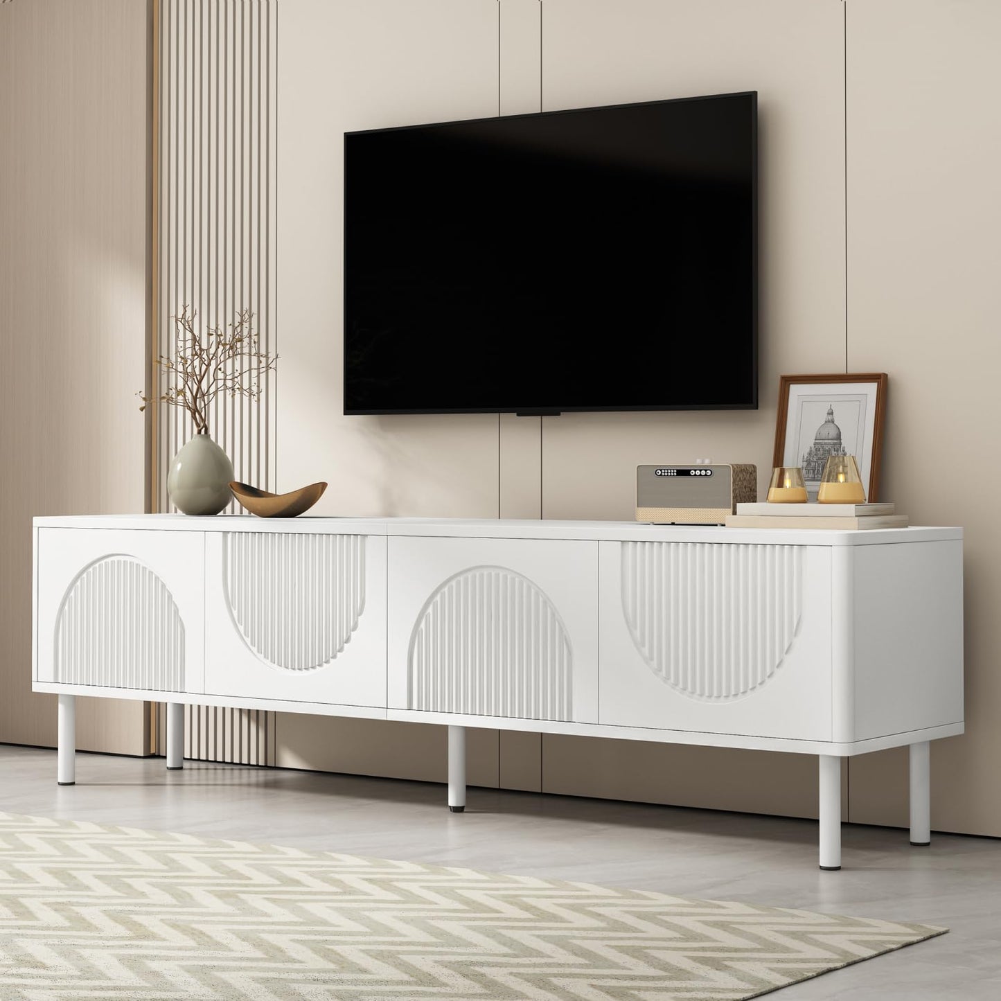 TV Cabinet with 3 Drawers, TV Table with Golden Handles and Legs, Modern TV Stand for TVs up to 75 Inches, Rounded Corners, TV Cabinet for Living Room, 174 x 35 x 41 cm, White