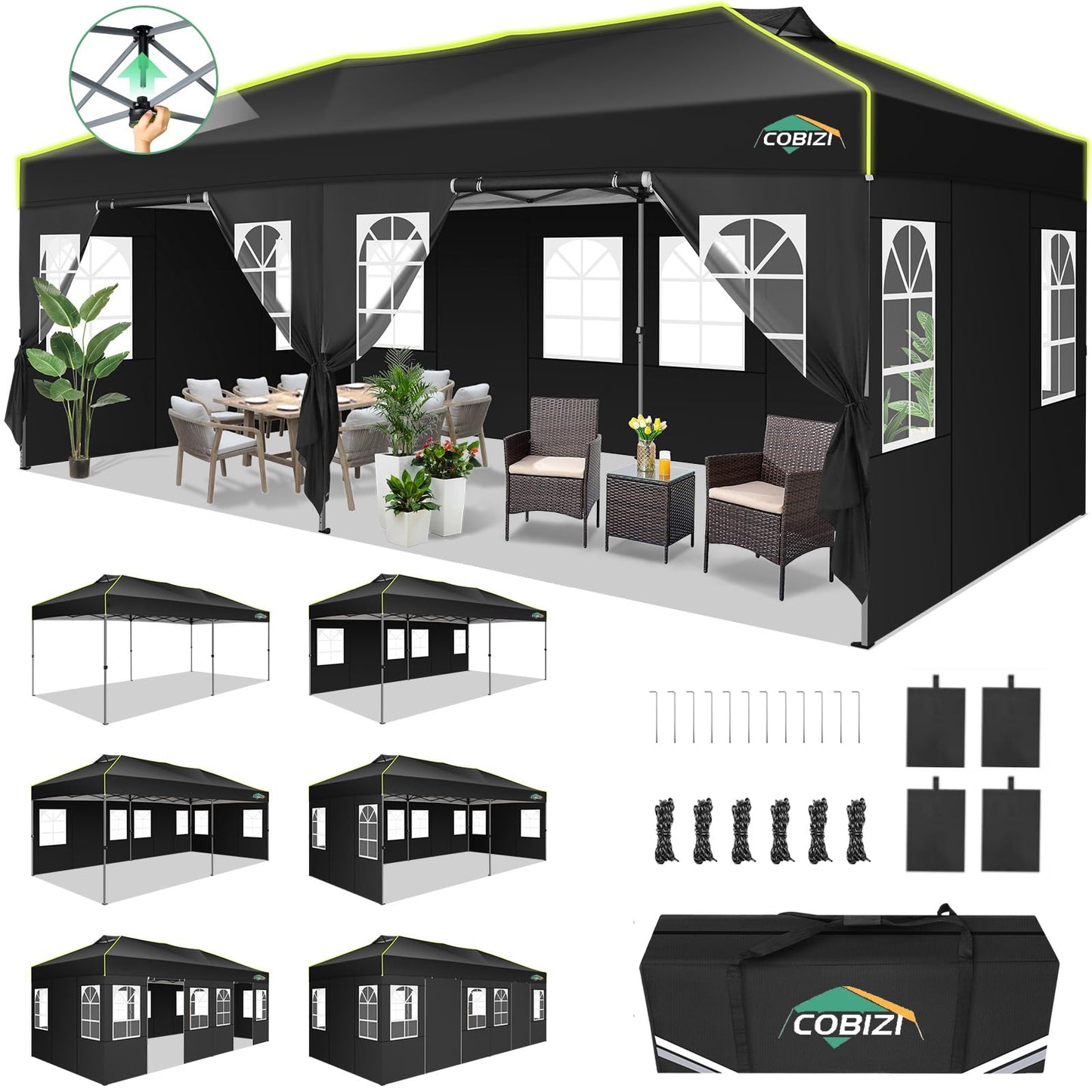 COBIZI Faltpavillon 3x6 Pavillon wasserdicht Winterfest, Ein-Tasten-Zentralverriegelung Partyzelt Faltbar Anti-UV mit 6 Seitenwänden, Gartenpavillon mit Leuchtstreifen für Hochzeiten, Freien, Garten