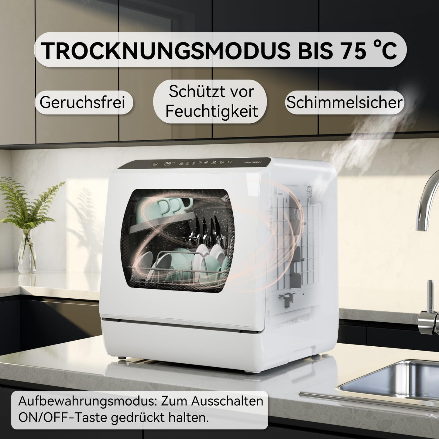 Hermitlux Tischgeschirrspüler, mini spülmaschine mit 7+3 Programme, 5 Maßgedecken, 5L Wassertank, Startverzögerung und Kindersicherung
