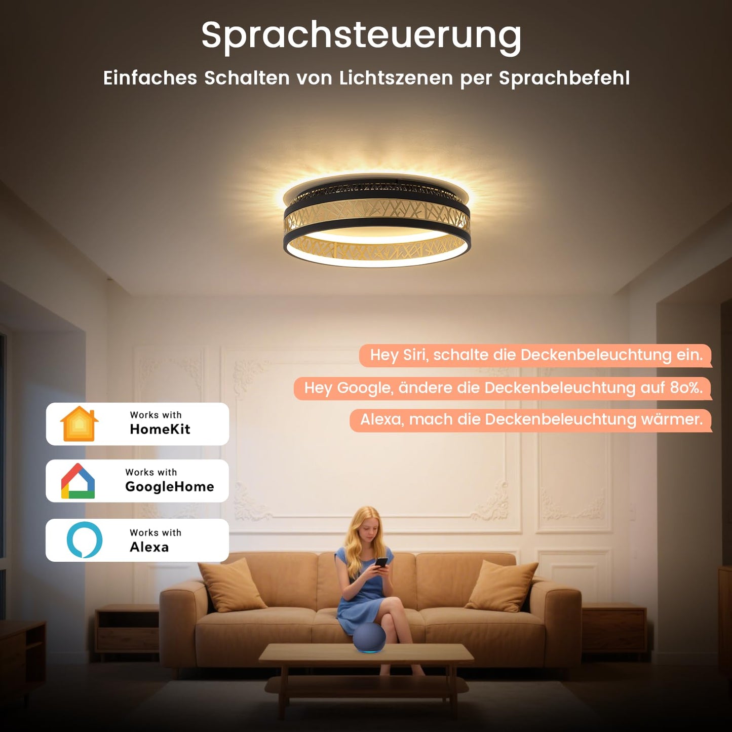 LED Ceiling Light with Remote Control, Dimmable Bedroom Lamp with Matte Compatible with HomeKit, Alexa, Google and IFTTT, Round, Black Gold, Hollow Design, Living Room, Diameter 50 x Height 12 cm
