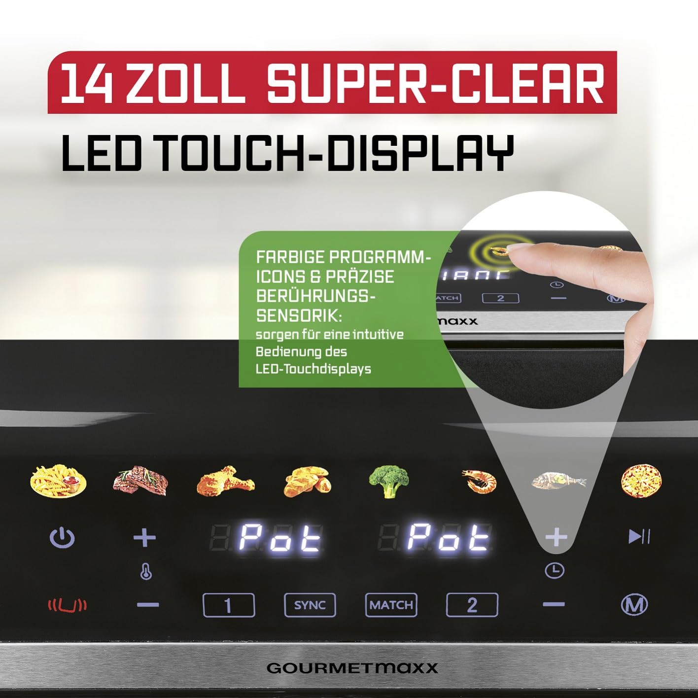 GOURMETmaxx Digitale Heißluftfritteuse 12 L, XXL-Edelstahl-Ofen | Airfryer + Timer, Touchdisplay, Drehspieß | fettarm, energiesparend frittieren | 10 Programme inkl. Pizza | 1800 W