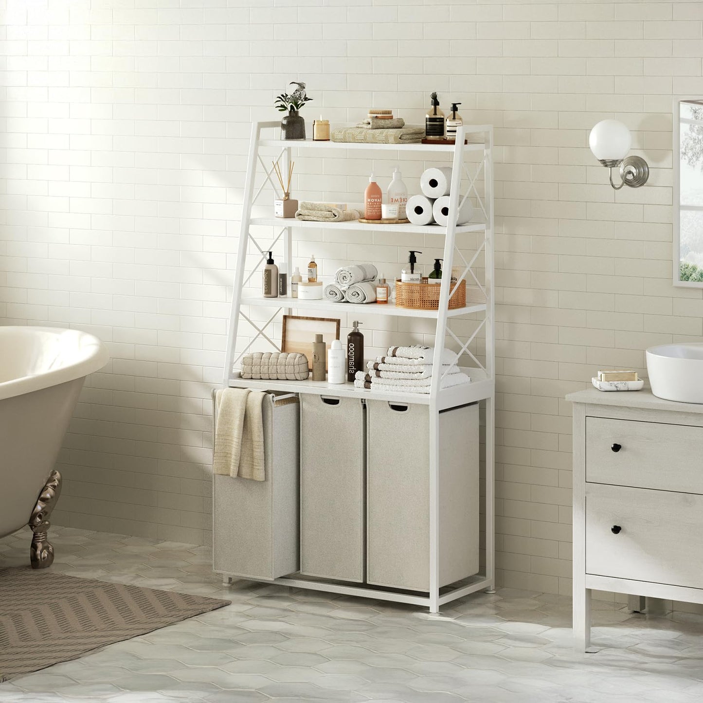 Herture Laundry Basket 3 Compartments Laundry Hamper with 4 Shelves Laundry Basket Removable Laundry Bags Large 3 x 60L for Laundry Room Bathroom Ink Black Vintage Brown PF05XLN