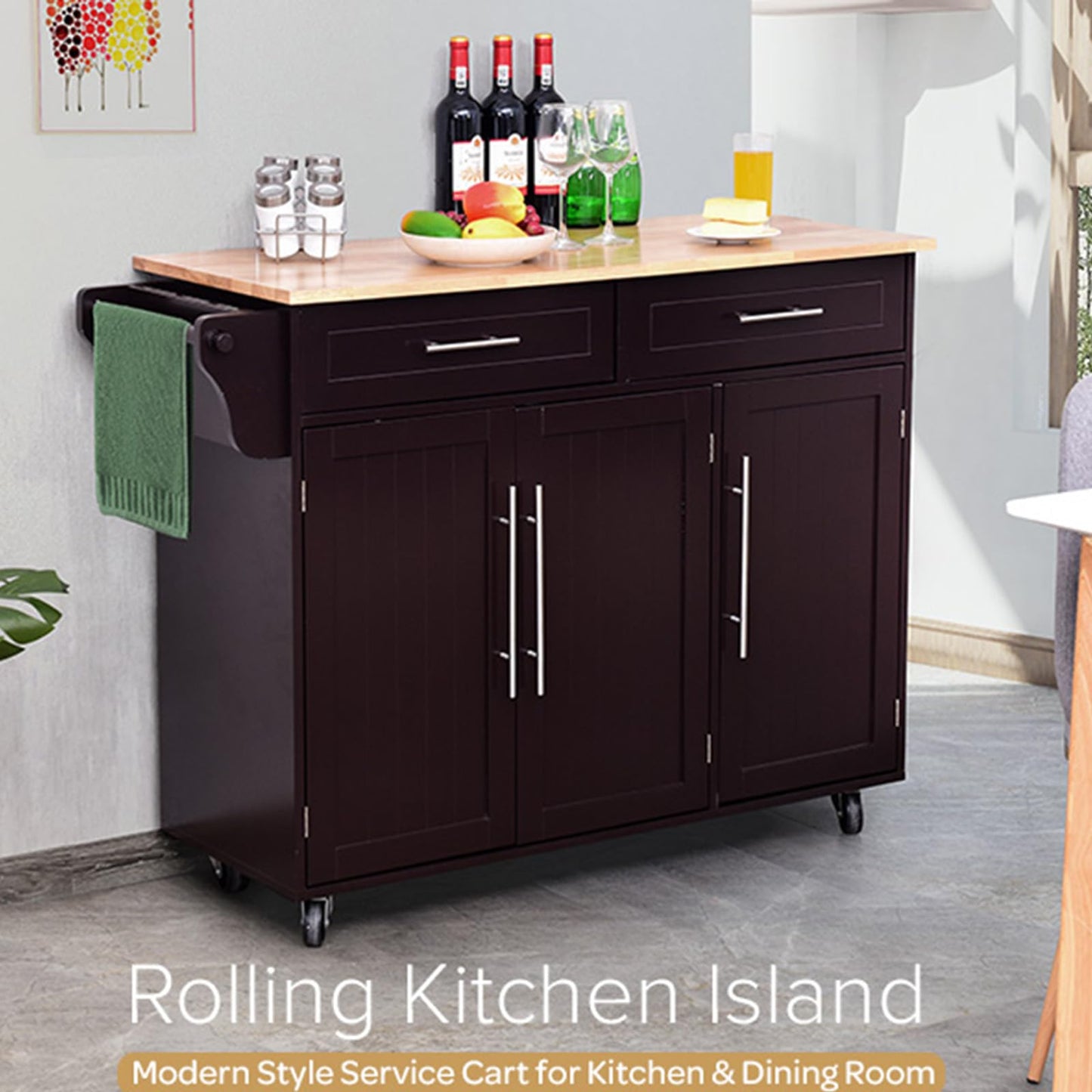 KOMFOTTEU Kitchen Trolley on Wheels, Wooden Serving Trolley with Worktop, Kitchen Island with Drawers, Towel Holder & Adjustable Shelves, Kitchen Cabinet Side Trolley Mobile 122 x 46 x 92 cm (Black)