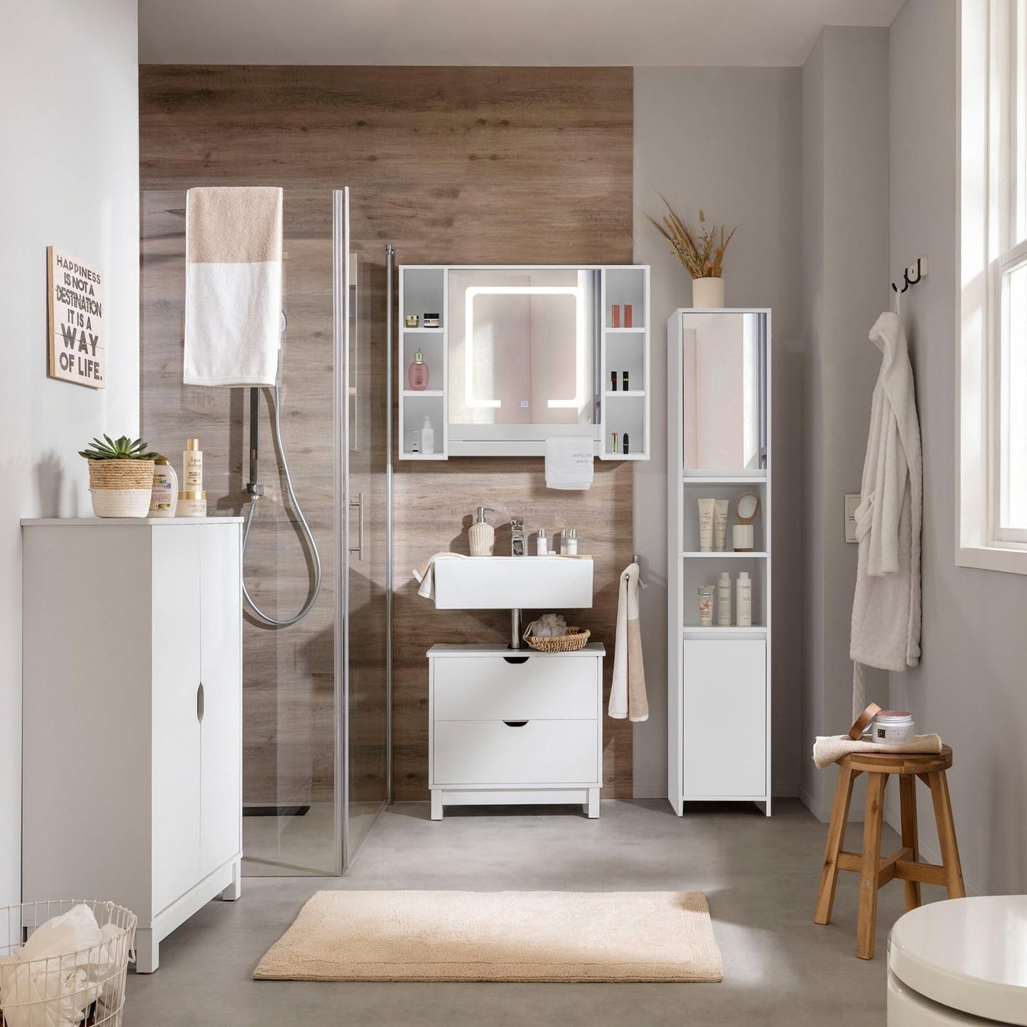 TUKAILAI Mirror Cabinet with LED Lighting, 6 Open Shelves and Adjustable Shelves, Bathroom Mirror with Touch Switch, Bathroom Mirror, Light Mirror, Wall Mirror, Bathroom Cabinet for Bathroom