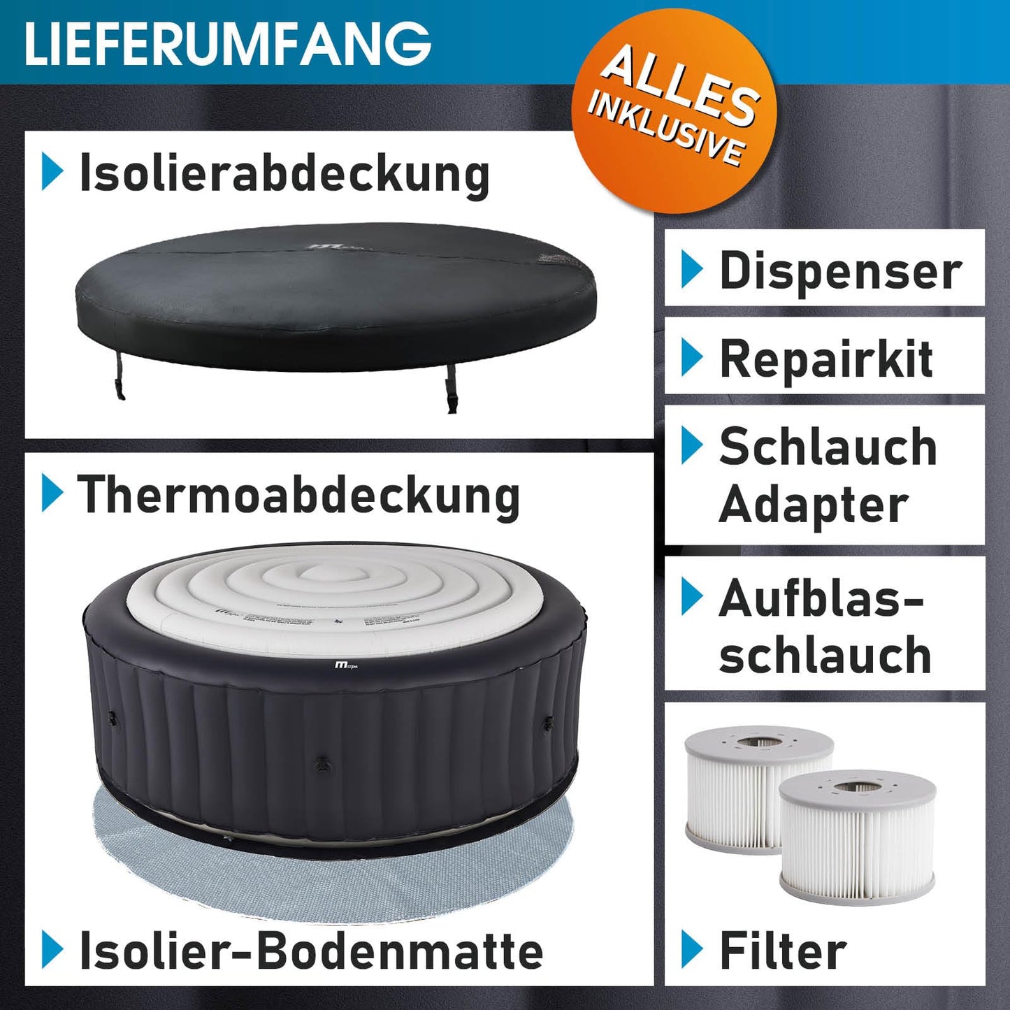 BRAST® Whirlpool aufblasbar MSpa | 4-8 Personen | viele Modelle rund und eckig | Ø 125-224cm | In- Outdoor Pool | bis zu 144 Massagedüsen | inkl. Aufblasfunktion Abdeckung Timer Heizung | Duet