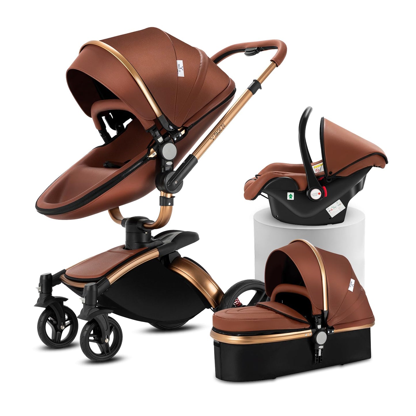 Doraystar 360° Rotation PU Leather Pushchair 3-in-1 Combination Pushchair 3-in-1 with Two Reversible Sliding Modes, Pushchair Complete Set with One-Click Folding Design, Aluminium Alloy Frame (906