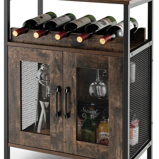 GIANTEX Weinschrank Barschrank Industrial, Weinbarschrank mit abnehmbarem Weinregal & 6 Glashalter, Küche Hausbar Küchenschrank mit Metallgittertüren, Sideboard Flaschenständer Weinständer 60x34x79cm