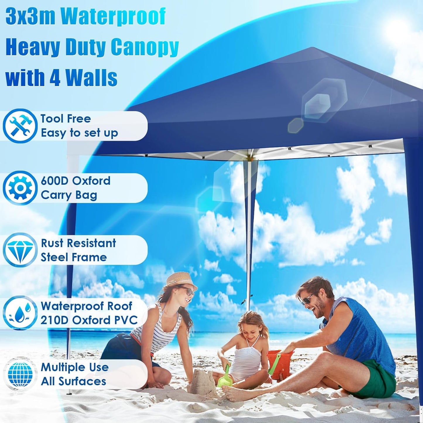 COBIZI Gazebo 3 x 6 Folding Gazebo Waterproof Stable Winterproof Foldable Party Tent with 6 Side Panels Pop Up Garden Gazebo UV Protection 50+ Height Adjustable for Beach Wedding Camping White