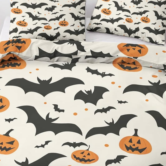 Bed Linen 140 x 200 cm Halloween Bats Motif - Scary Duvet Cover and 1 Pillowcase 70 x 90 cm, Soft Non-Iron Microfibre Duvet Cover Set of 2 with Zip, Reversible Bedding & Decoration M&-1513